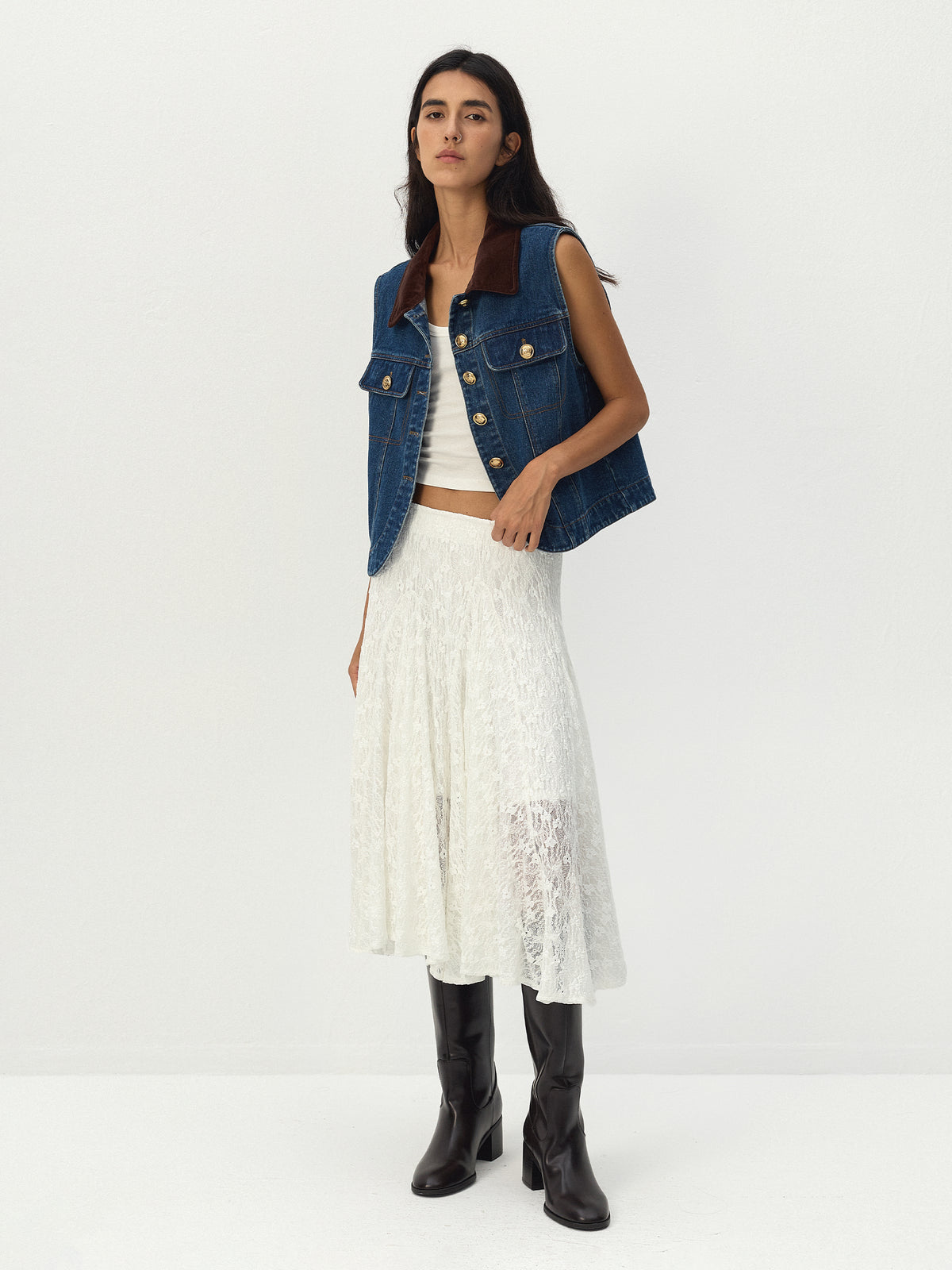 CUBIC Asymmetric Lace Midi Skirt-2