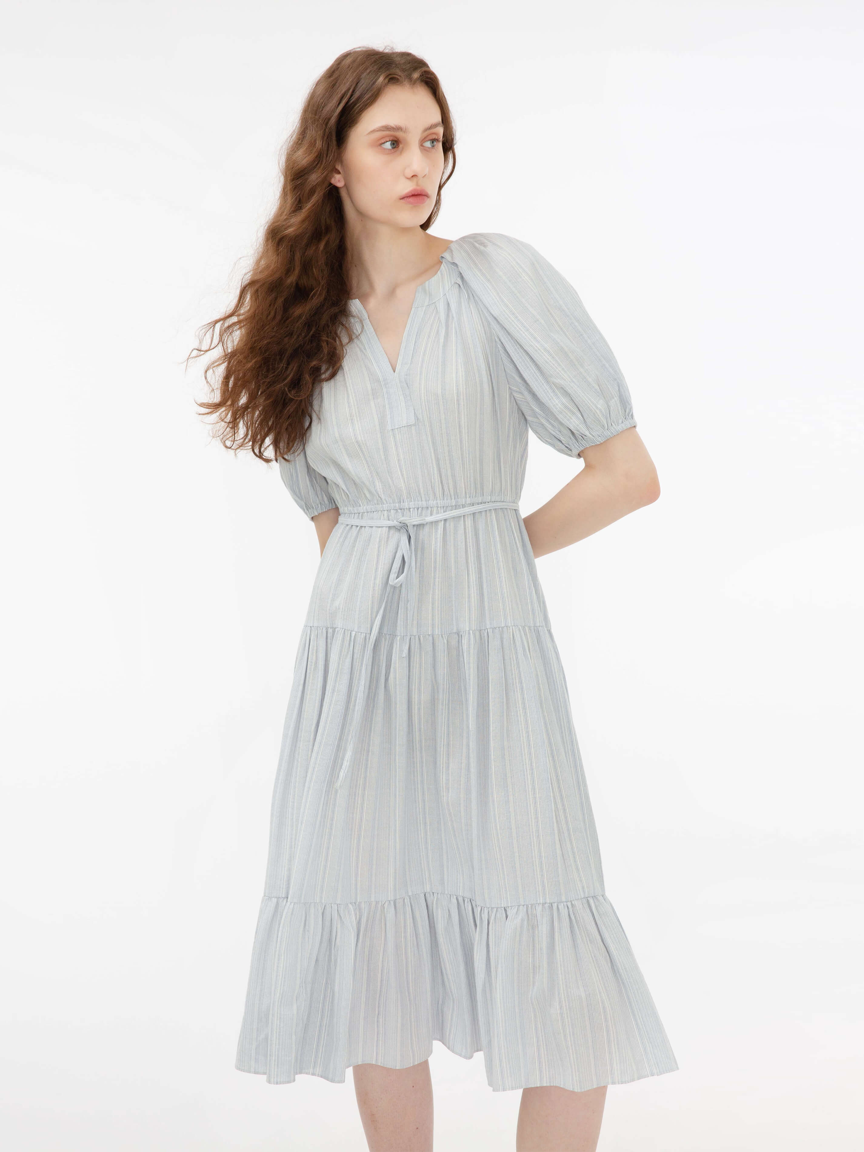 Puff Sleeve V-Neck Tiered Dress-2