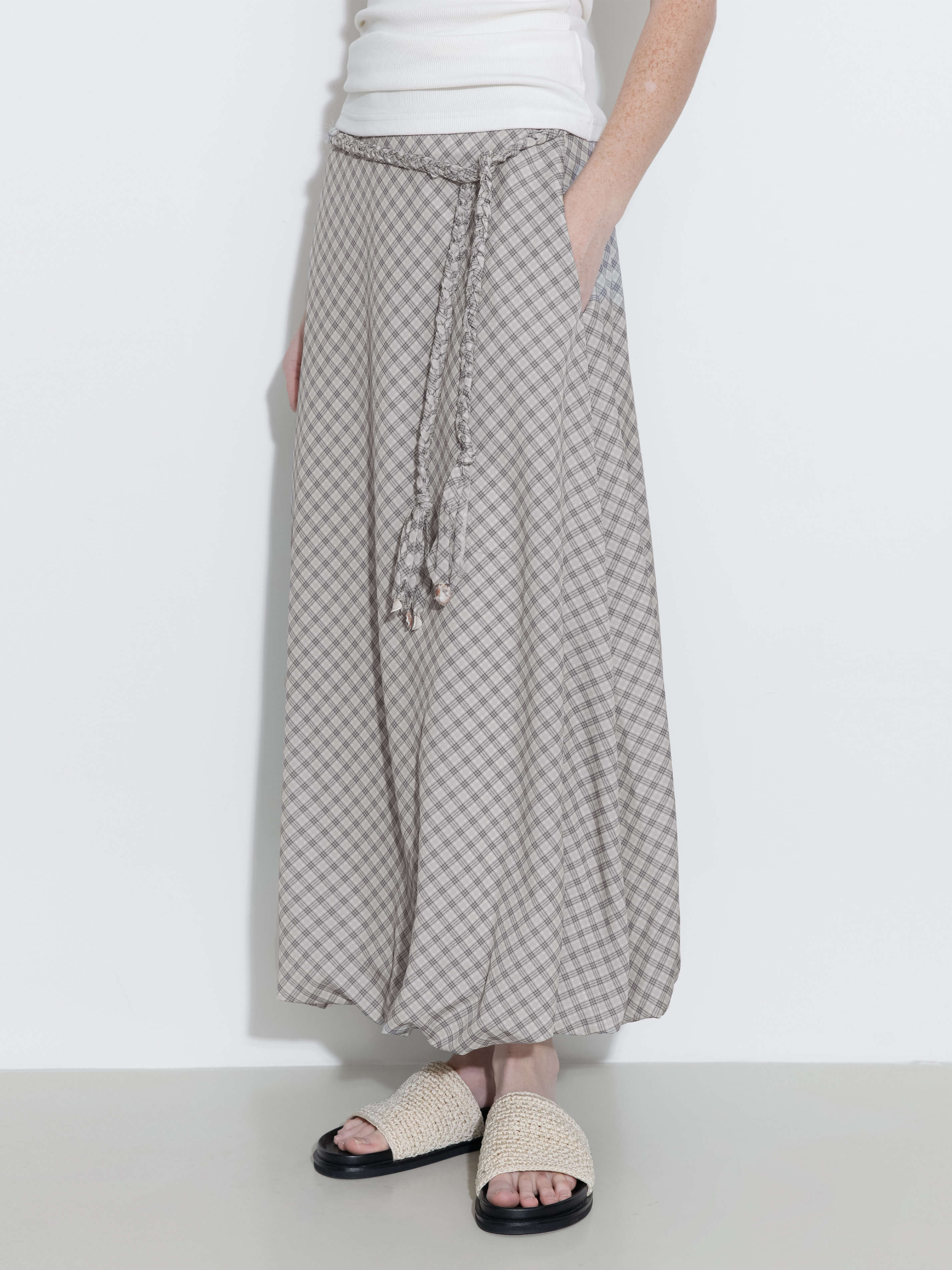 Plaid A-line Maxi Skirt with Belt-2