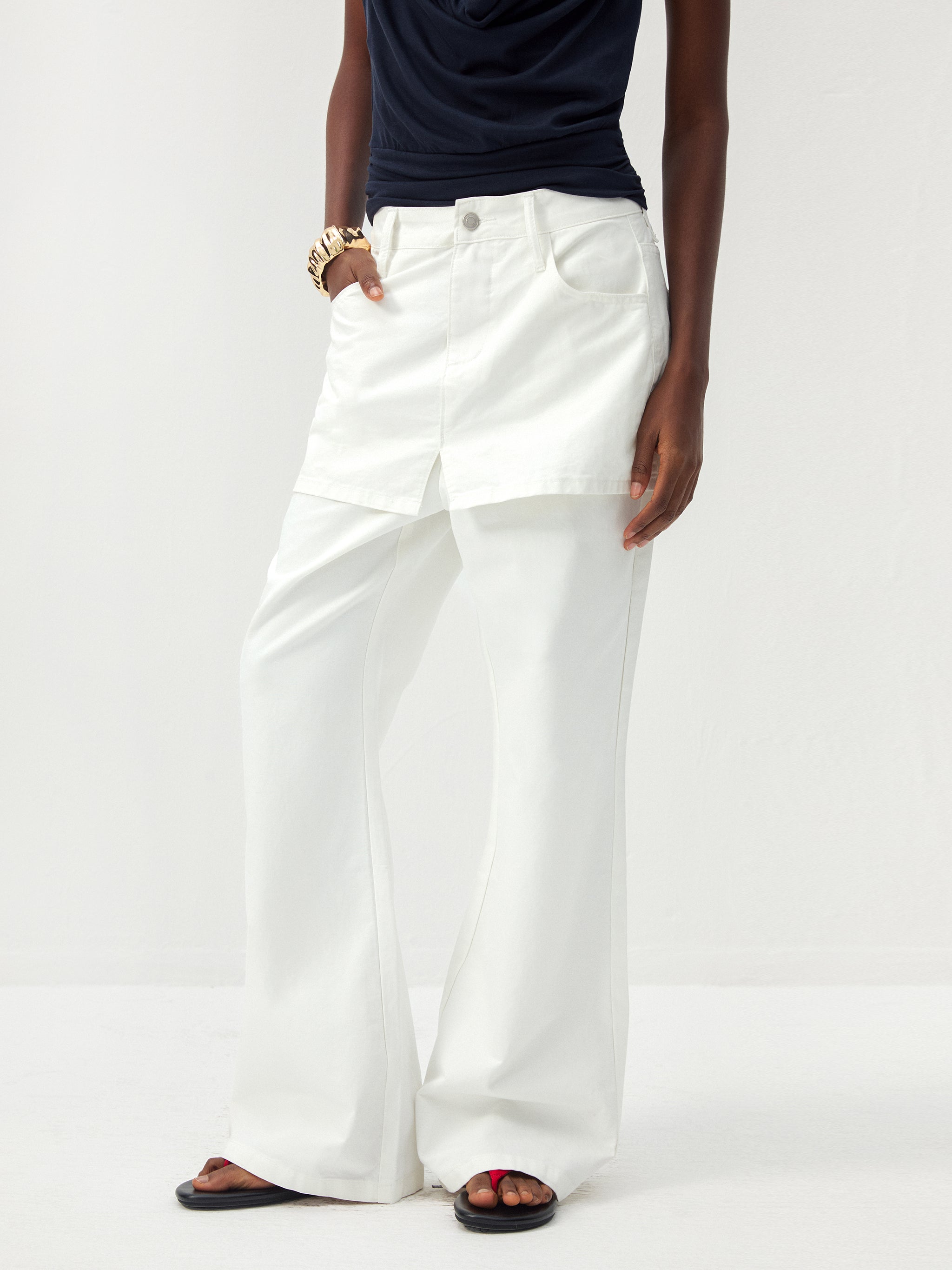 CUBIC Cotton-Blend Layered Skirt-Front Flare Trousers-2
