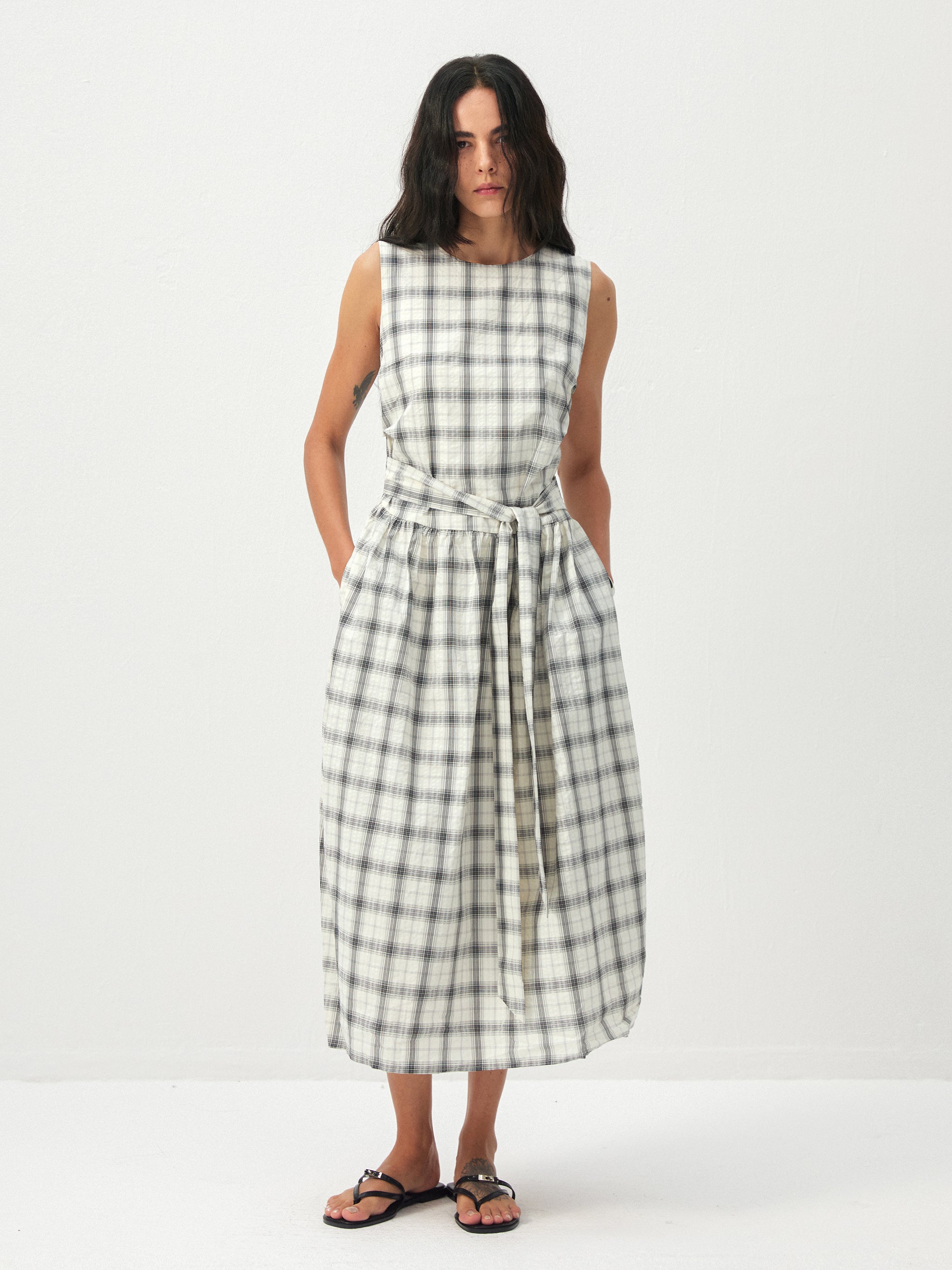 CUBIC Cotton Check Belted Sleeveless Midi Skirt-2