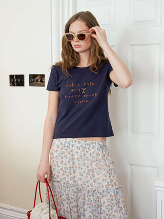 Cropped Letter Embroidered T-shirt