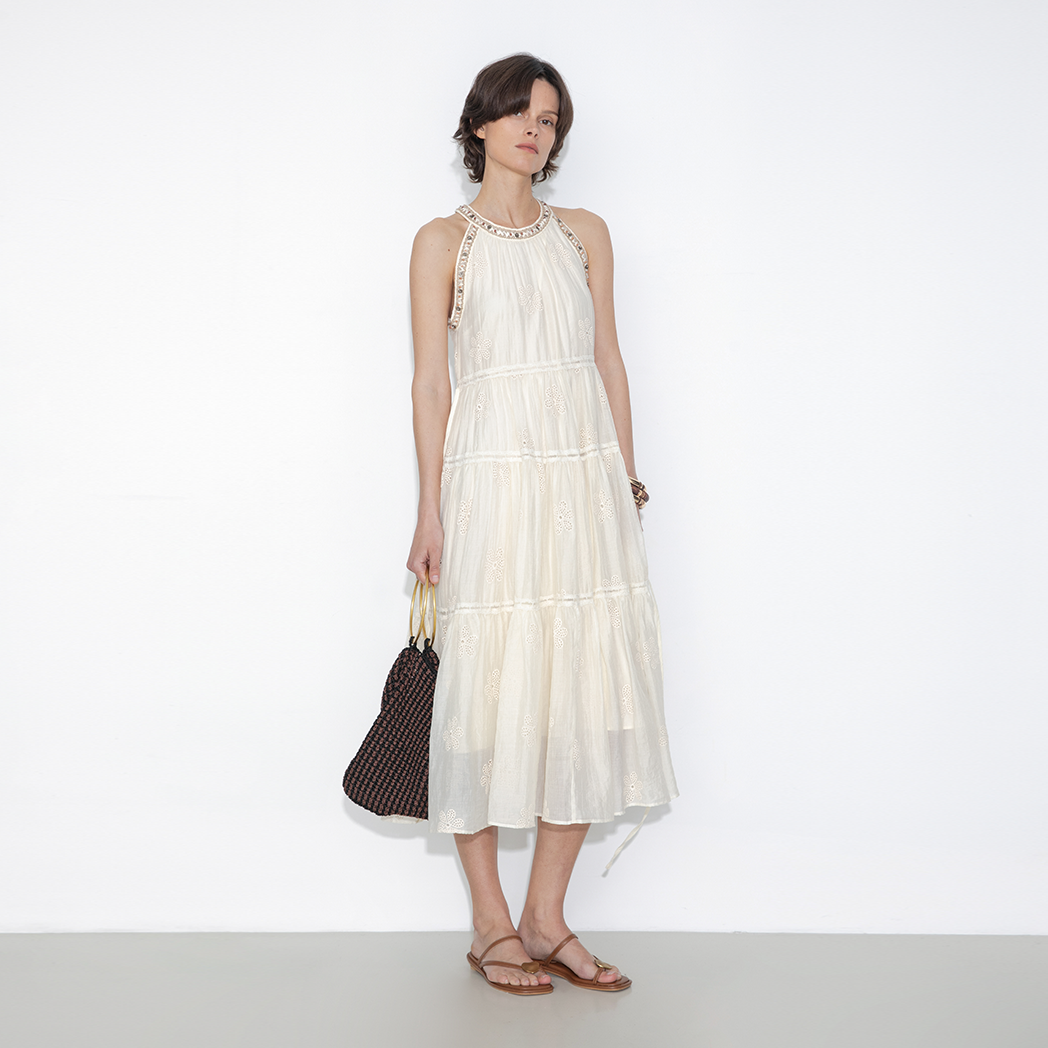 A-Line Halter Round-Neck Embroidered Maxi Dress-3