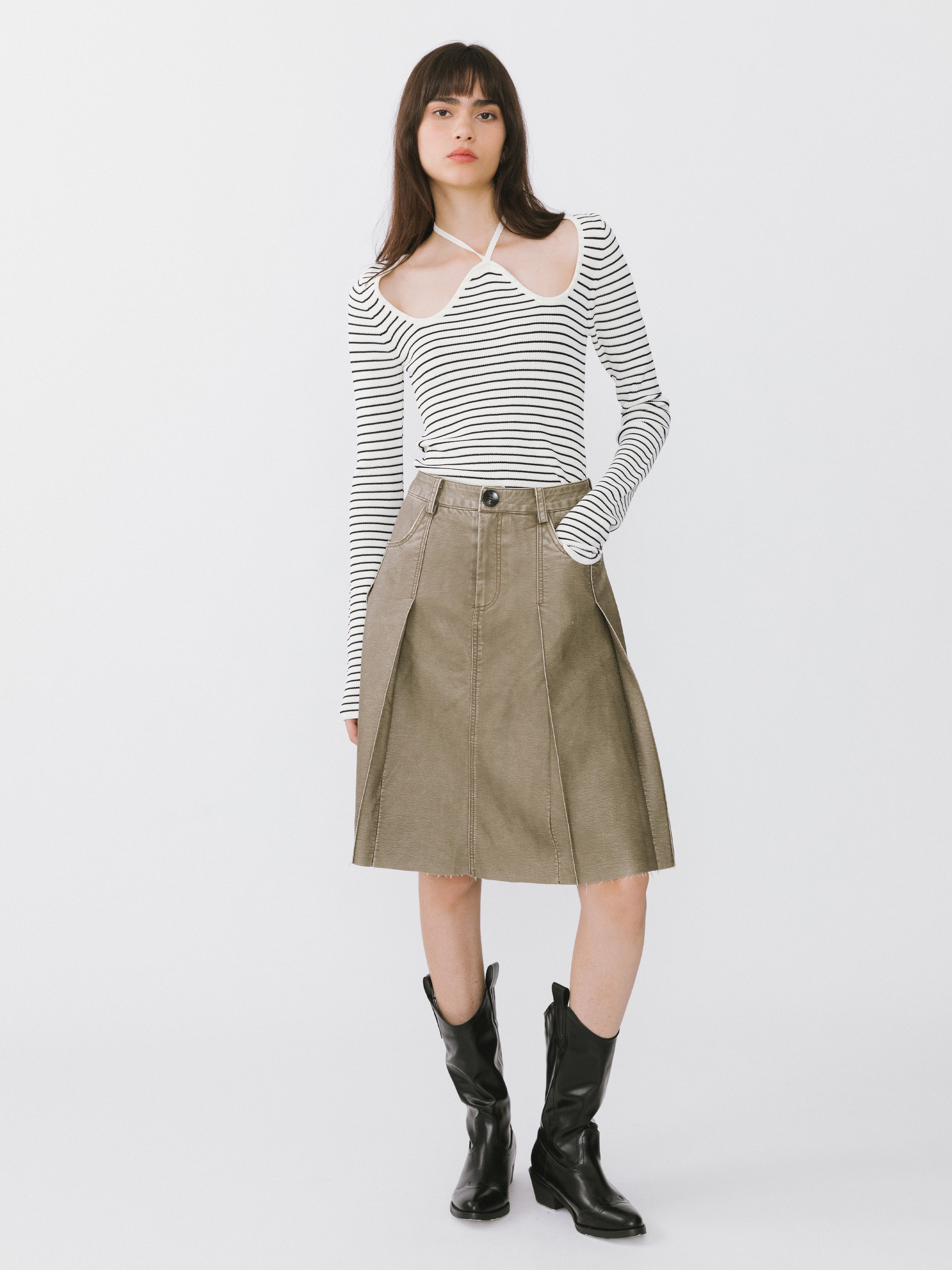 Raw Edge Pleated A-line Skirt-2