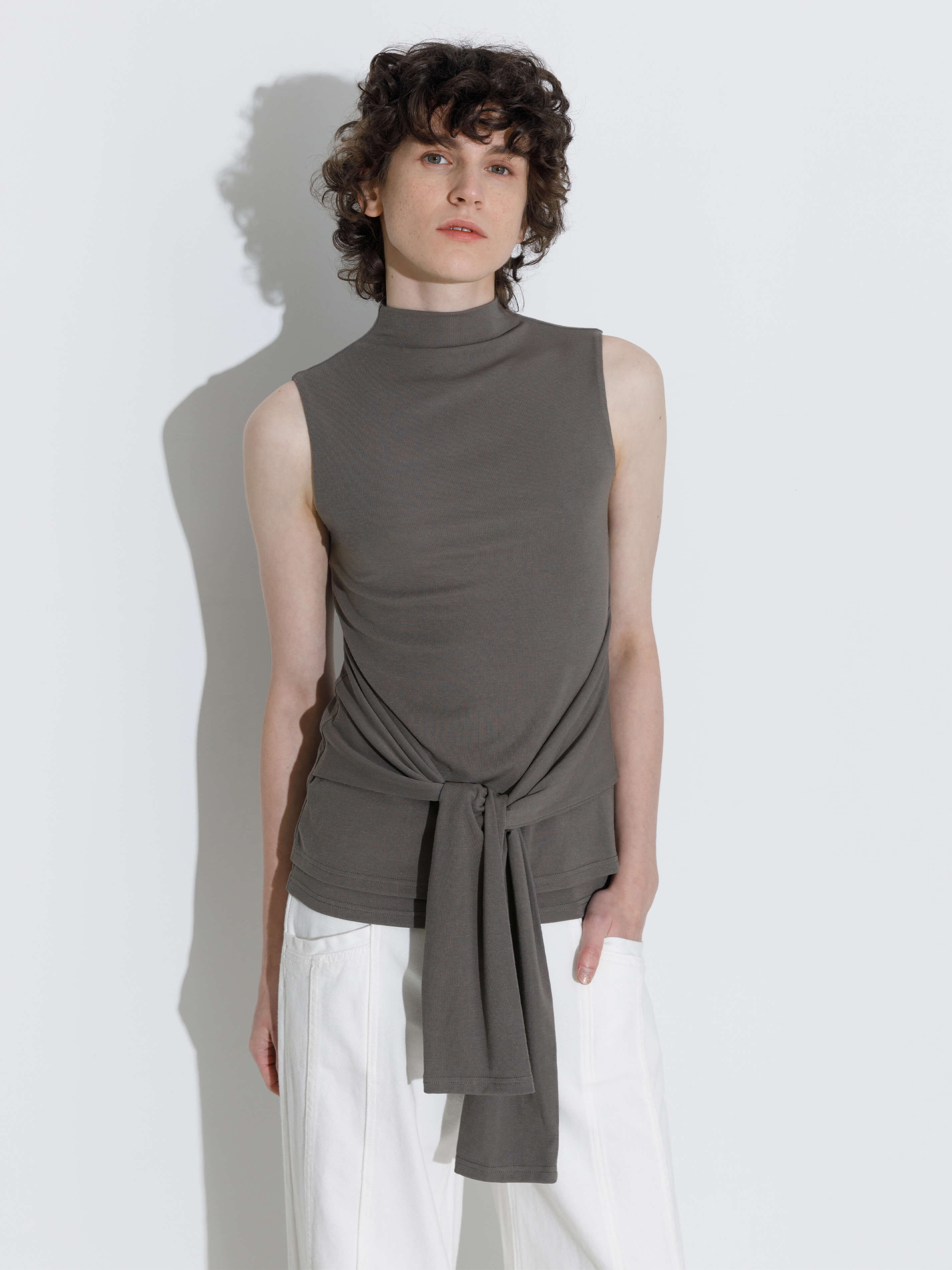 Tie-Detail Sleeveless Mock Neck Top-2