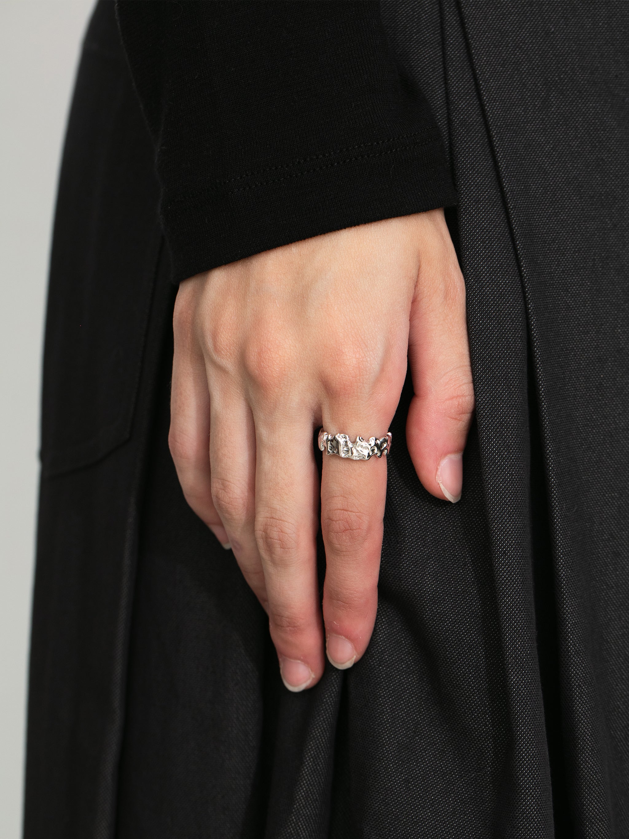 Adjustable Hammered Silver Open Ring-2