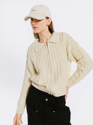 Lozenge and Cable Knit Zip Up Cardigan