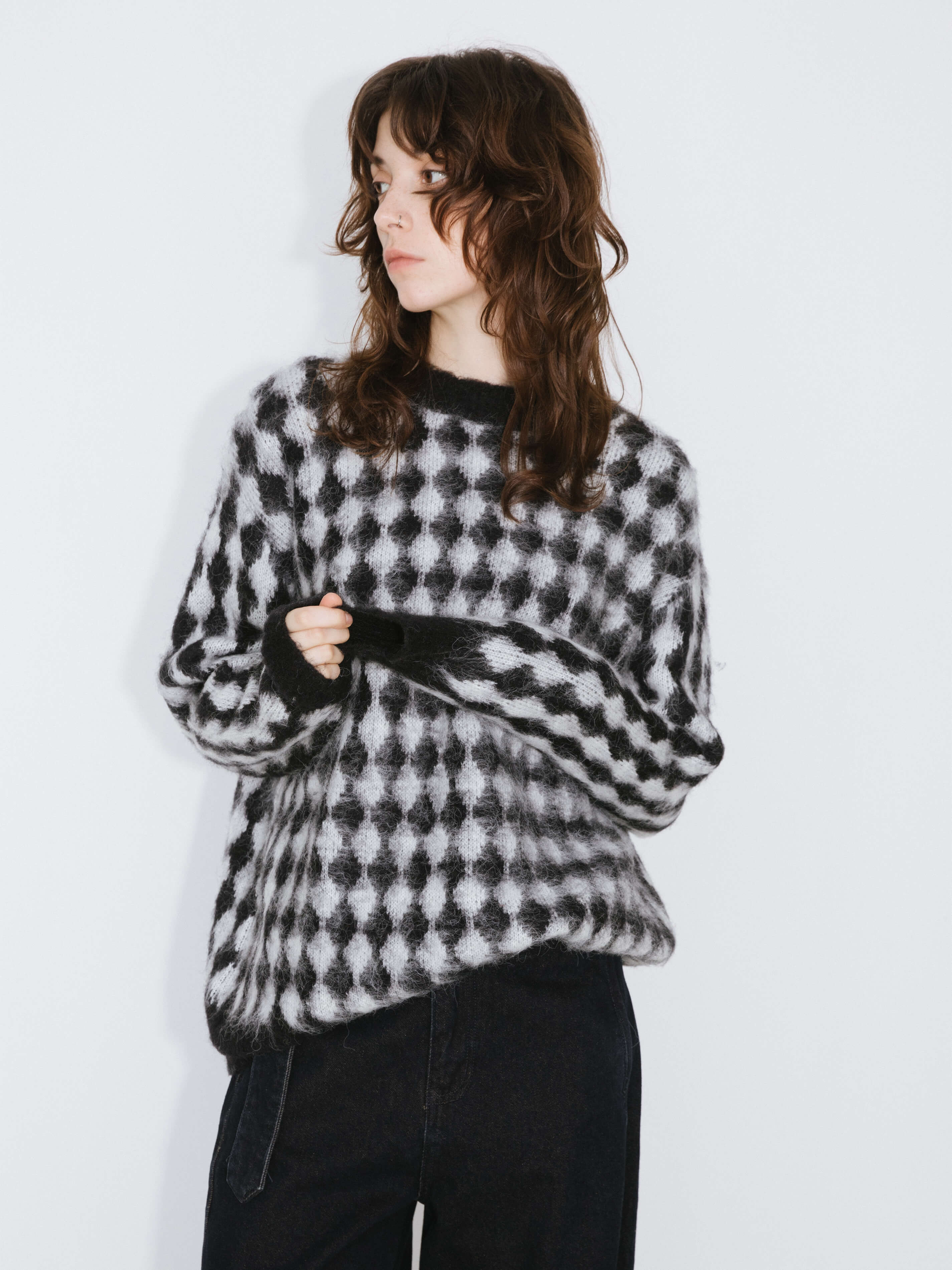 Lozenge Jacquard Long Knit Sweater-2