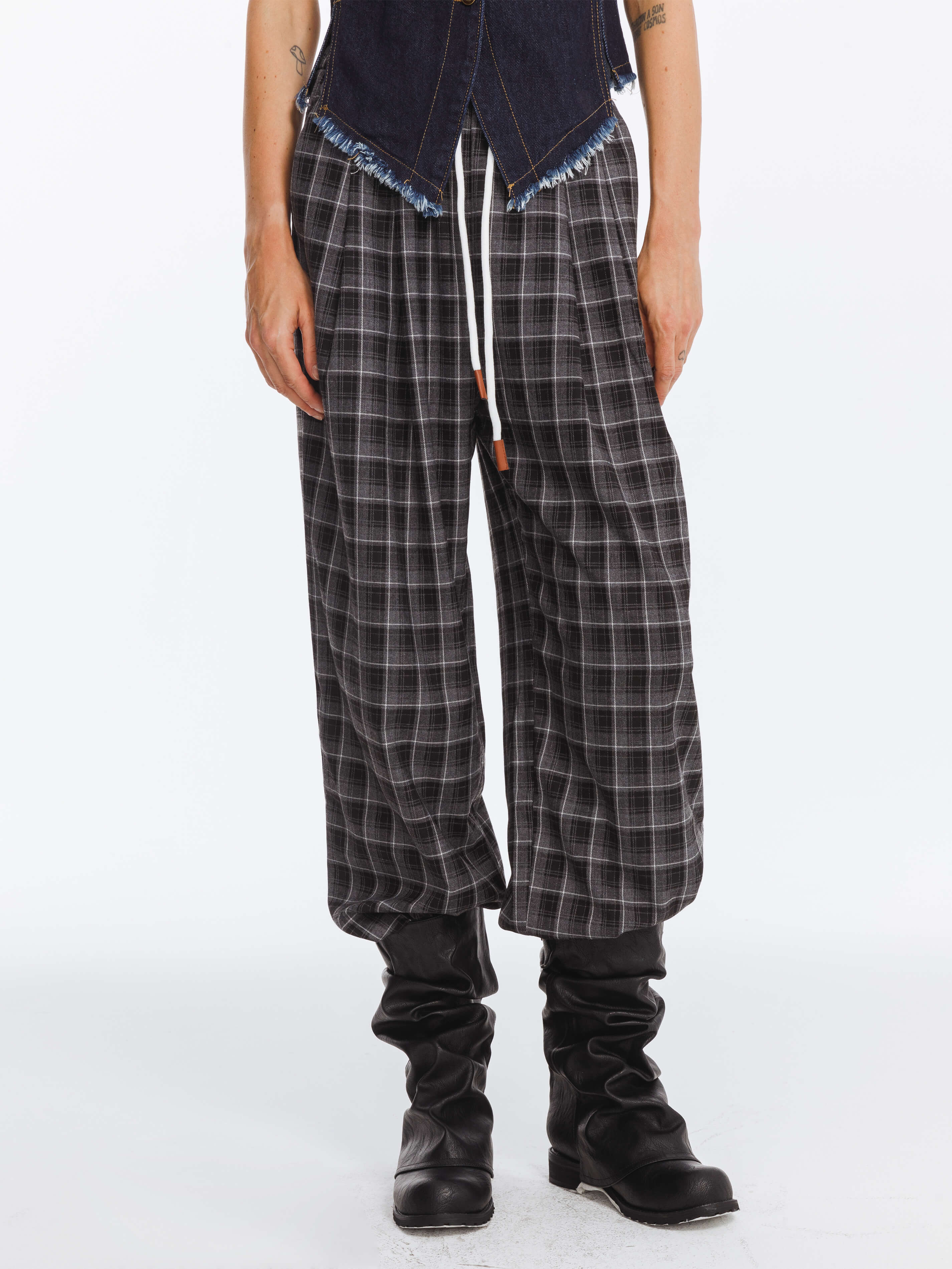 Wide Leg Tartan Casual Trousers-2