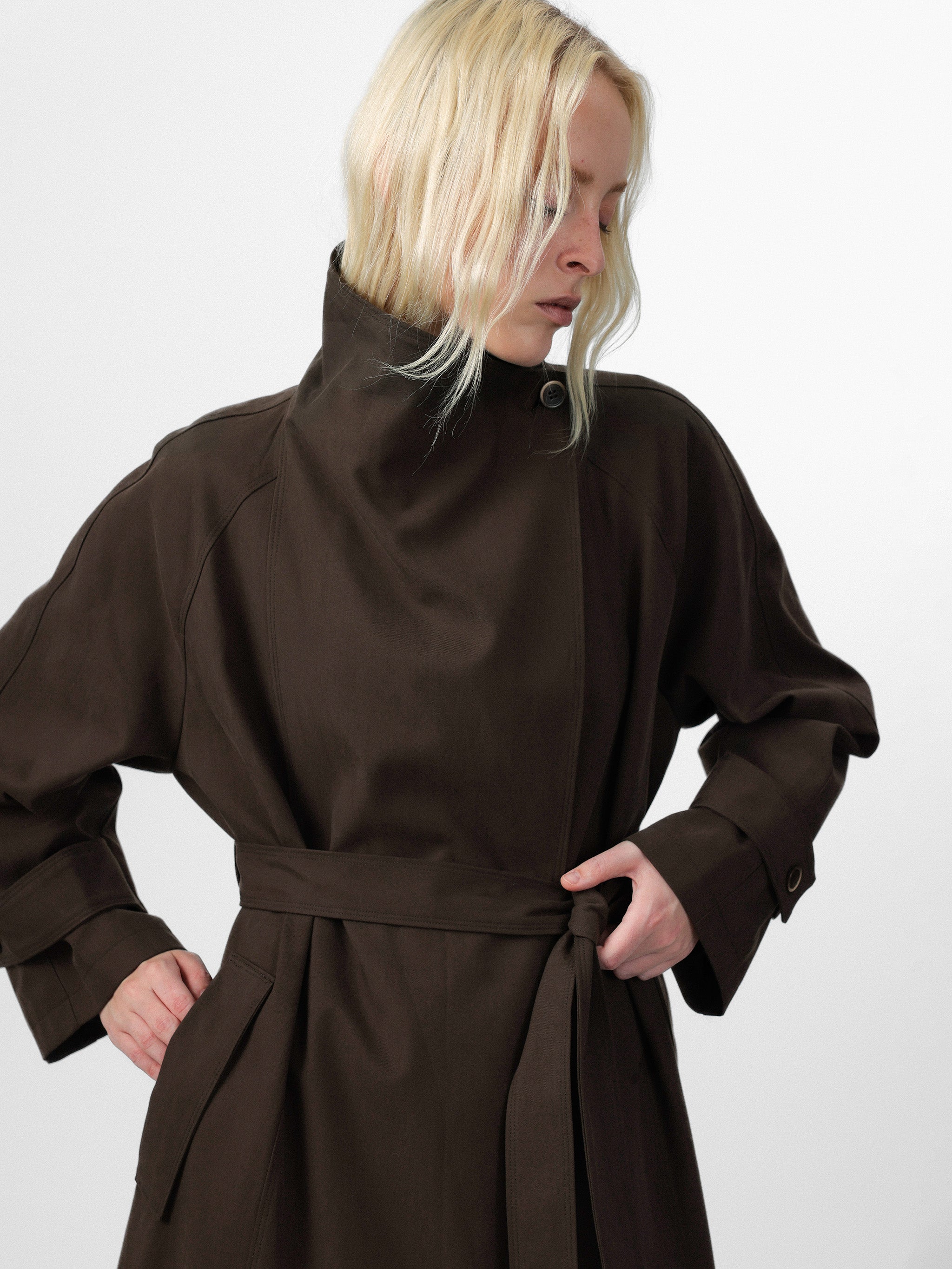 CUBIC Stand Collar Belted Long Trench Coat-3