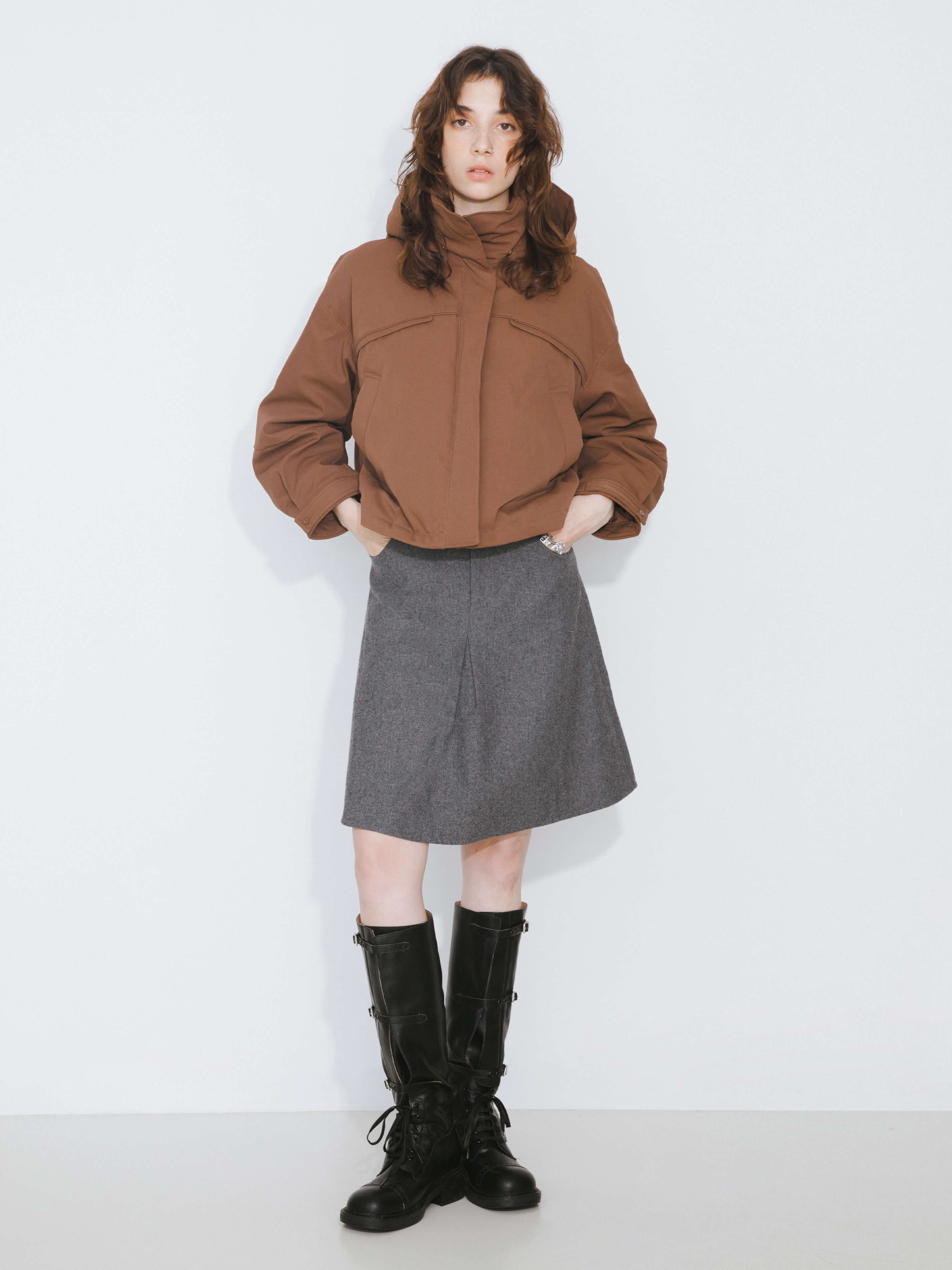 ONE BY CUBIC High Neck Short Loose Hem Down Jacket with Hood-2