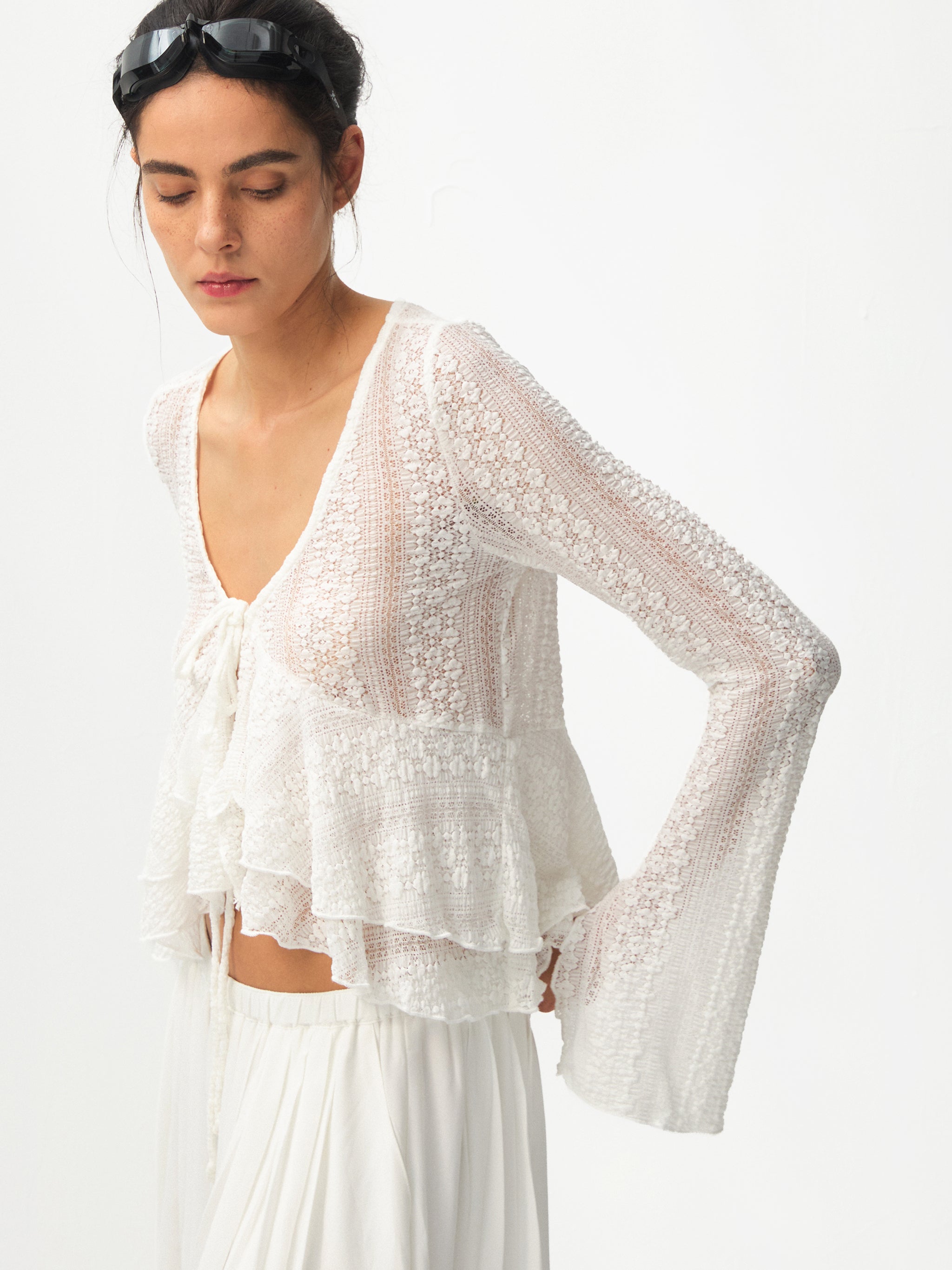 CUBIC Sheer Knit Tie-Front Peplum Top-2