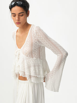 CUBIC Sheer Knit Tie-Front Peplum Top