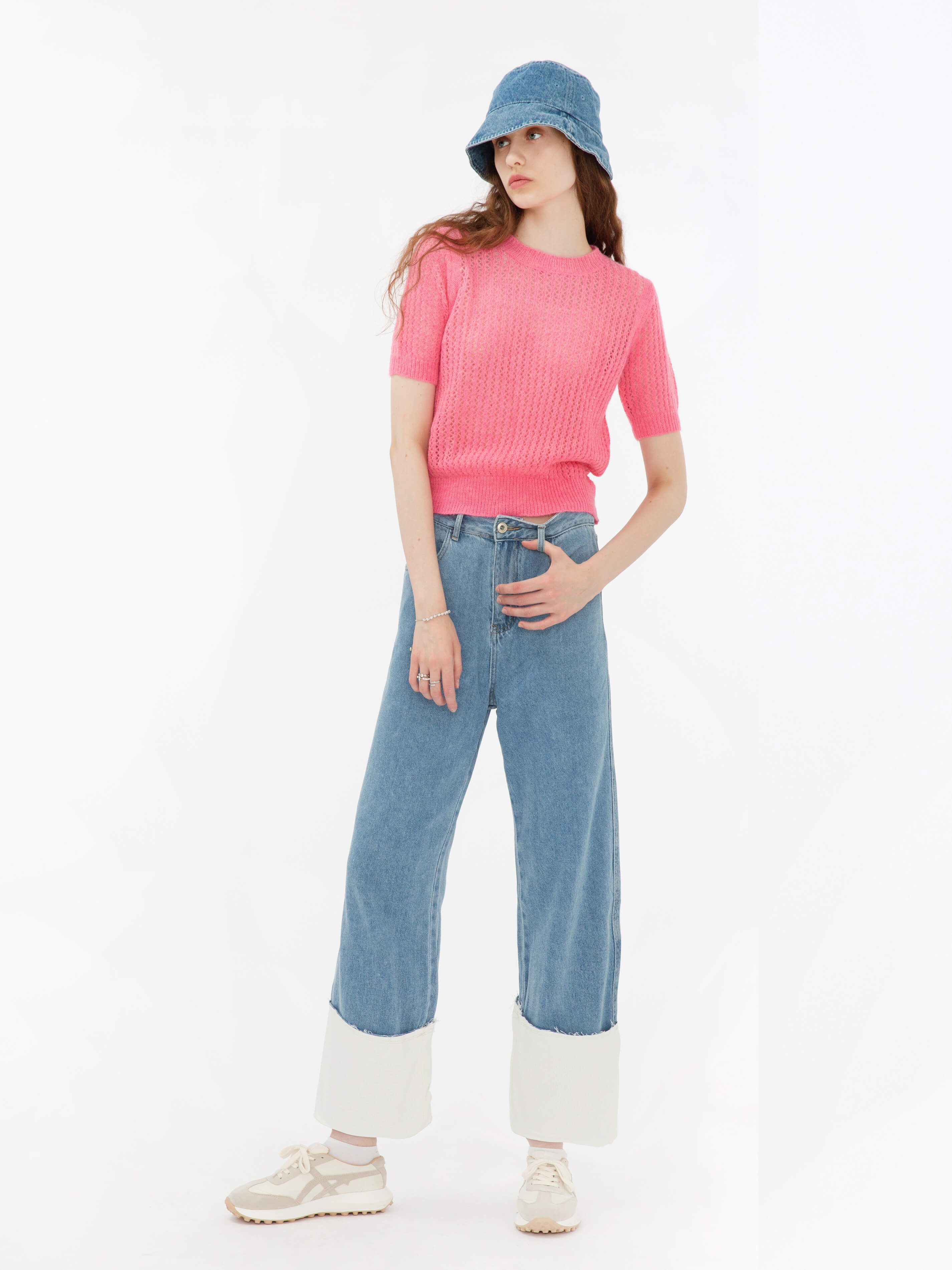 Blue and White Turn-Up Jeans-3