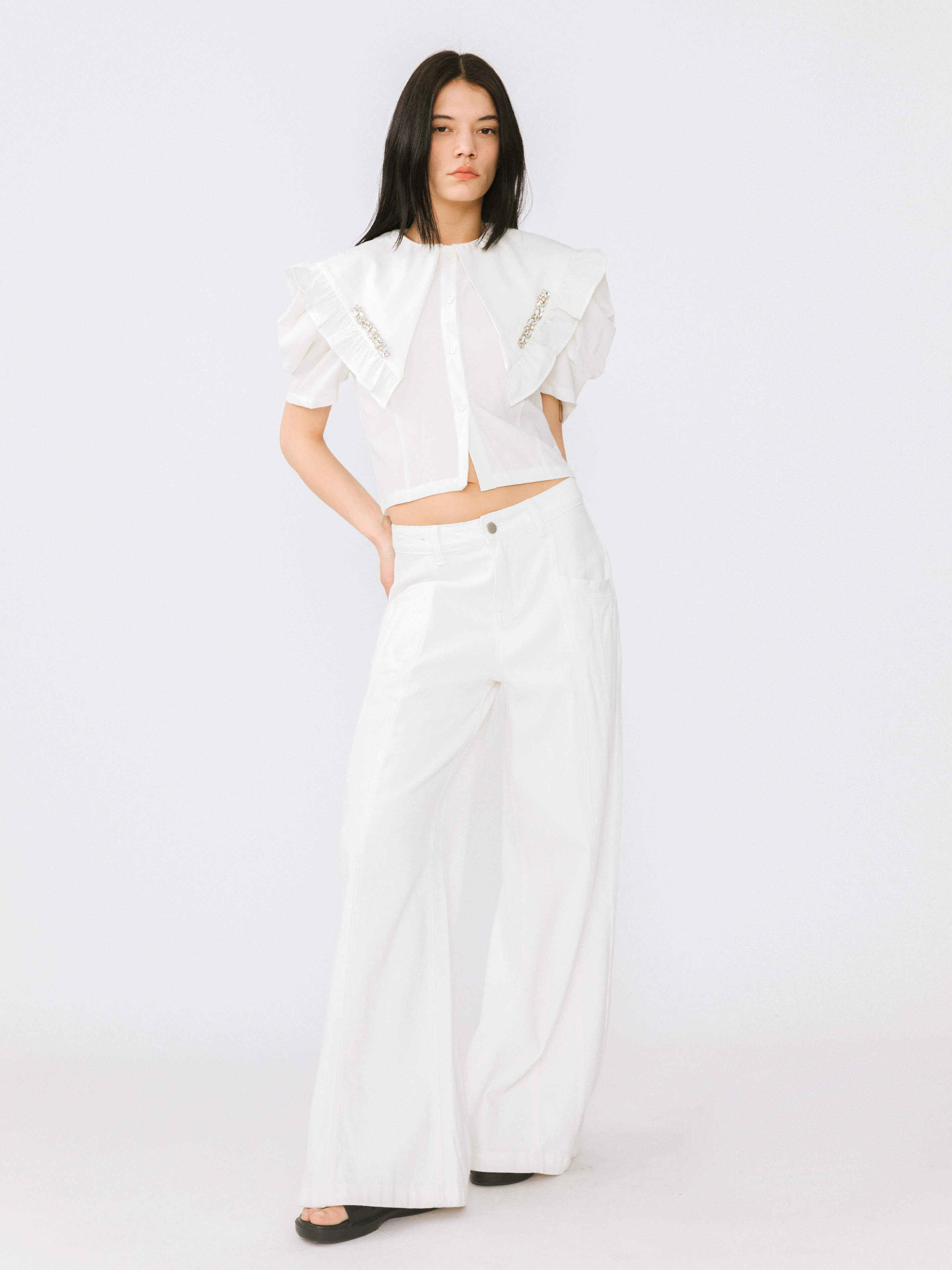 Large Lapel Strass Puff Sleeves T-shirt-2