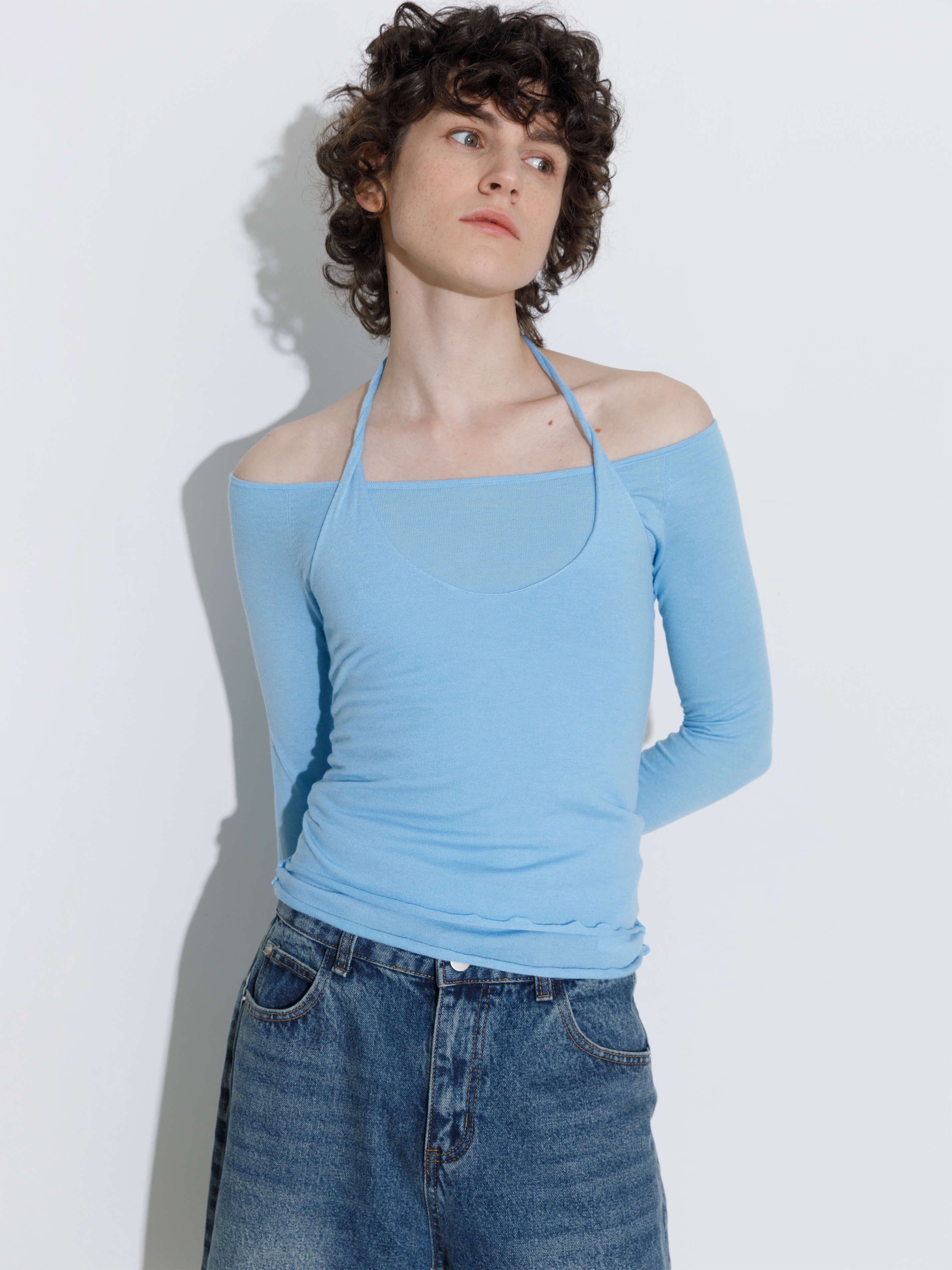 Blue Halter Neck Knit Top with Wool Blend-2