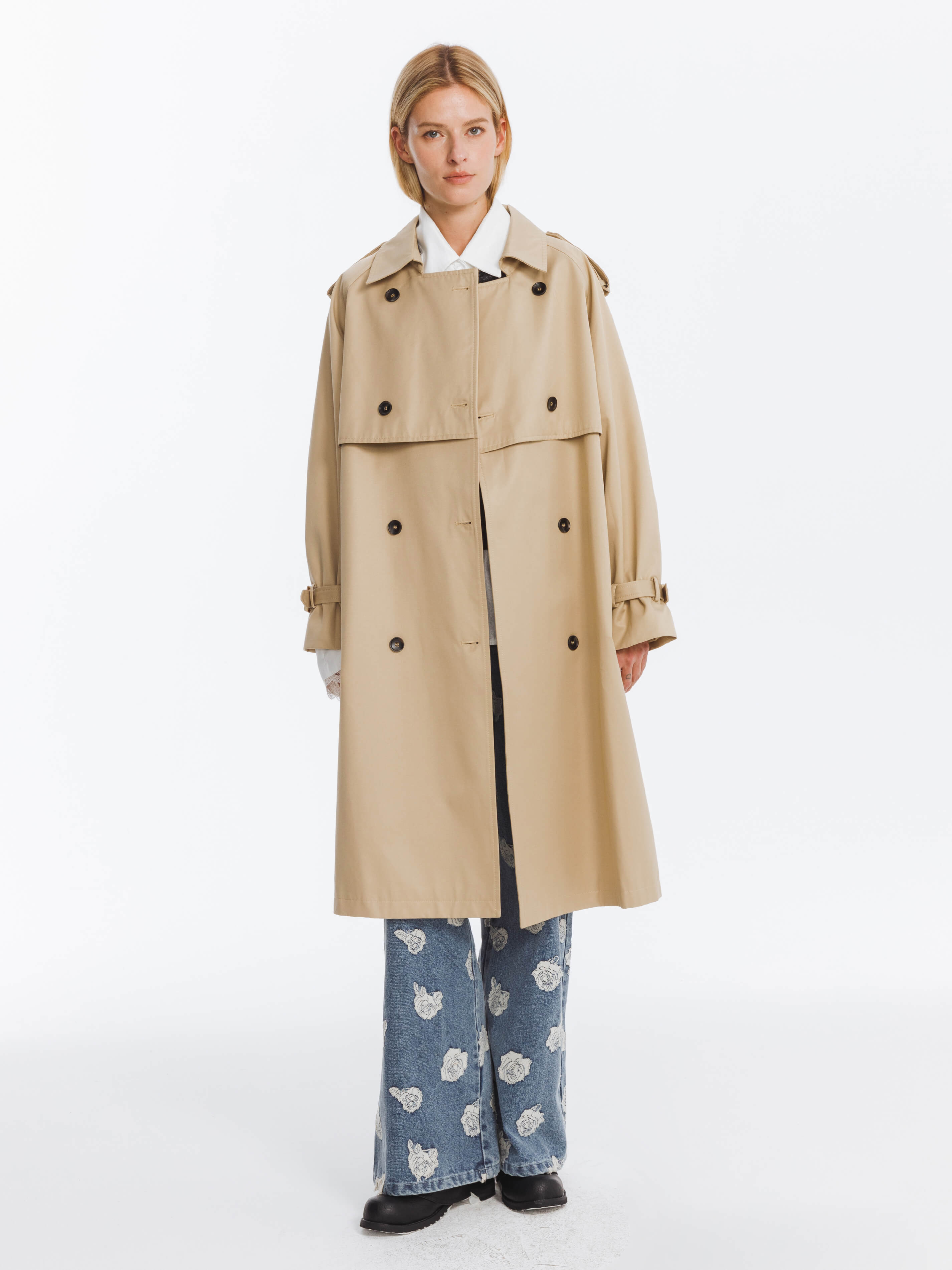 Double Breasted Cotton Blend Trench Coat-2