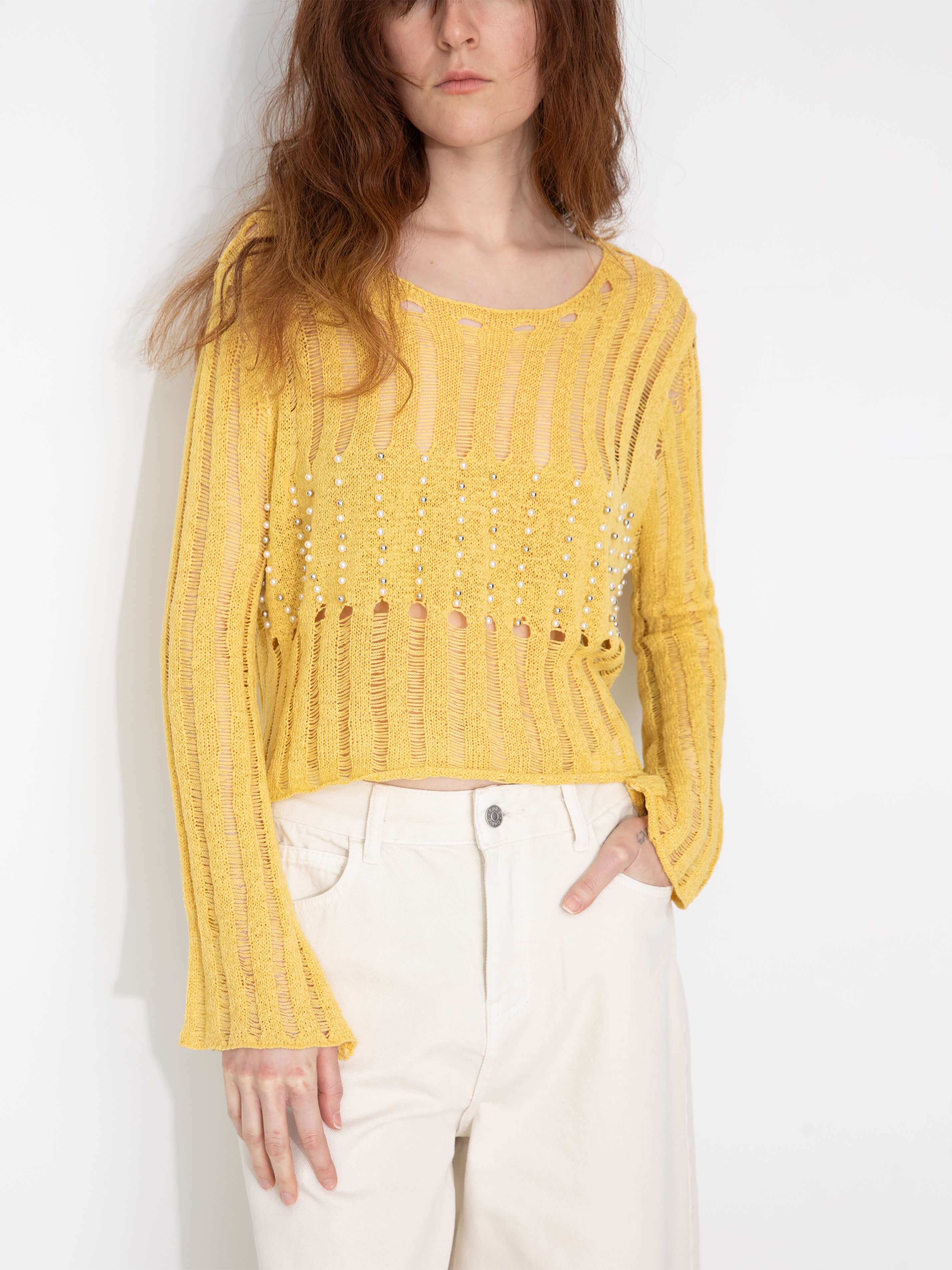 Beaded Hollow-Out Knit Top with Flare Sleeves-2