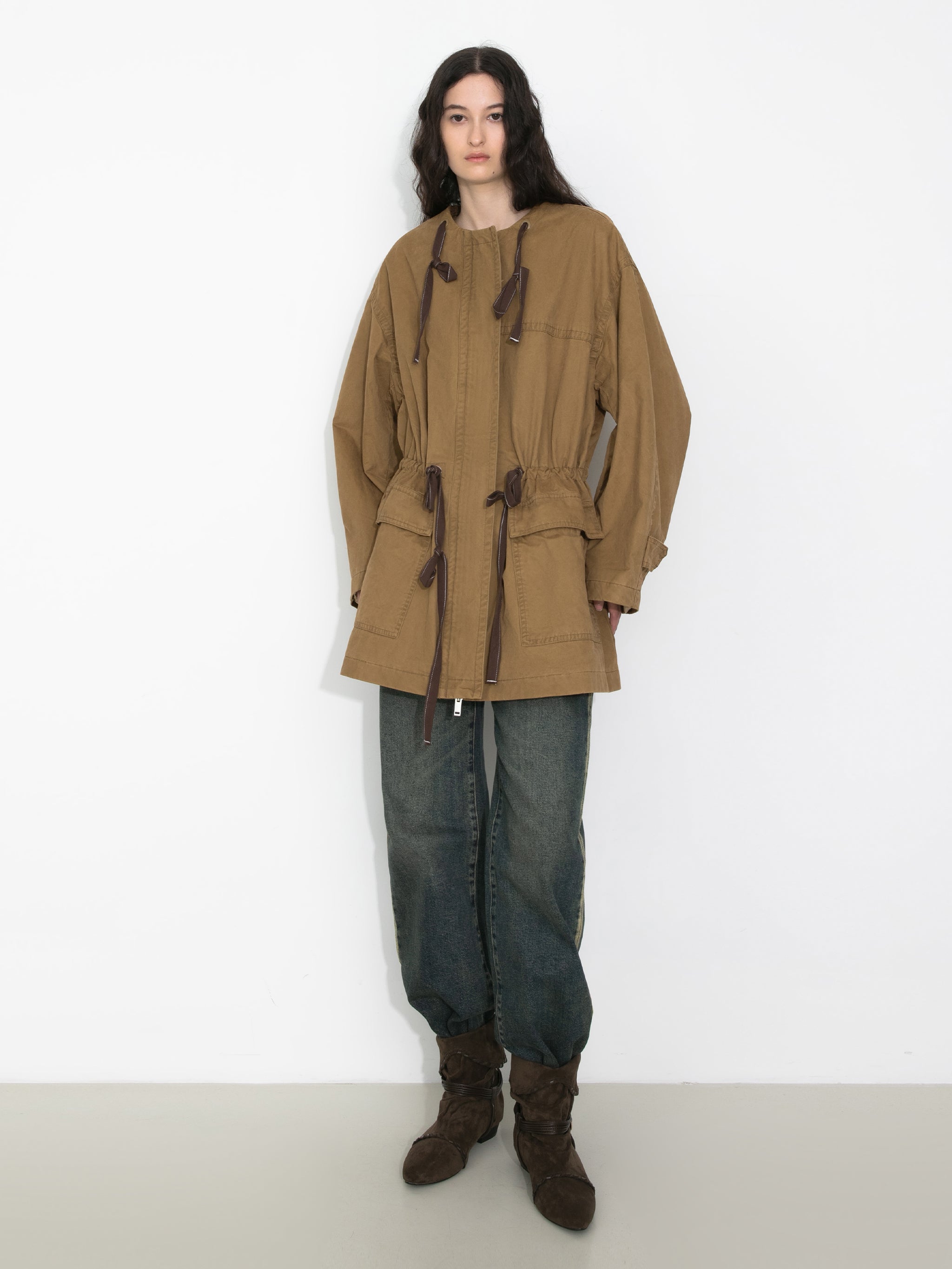 Drawstring Crewneck Mid-Length Trench Coat-2