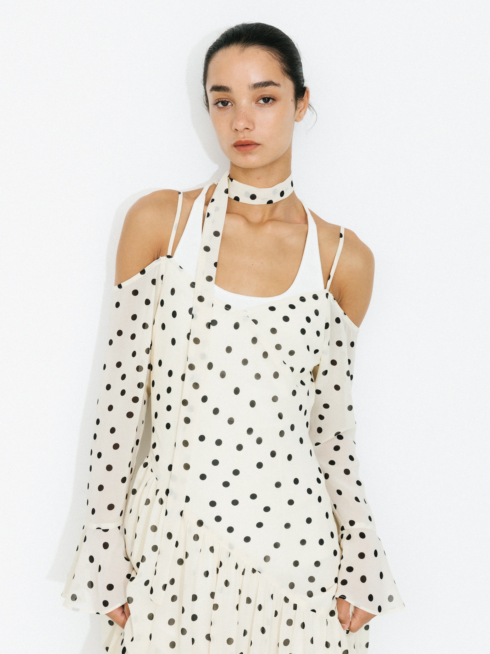 Polka Dot Off-Shoulder Cami Sleeve Maxi Dress-2