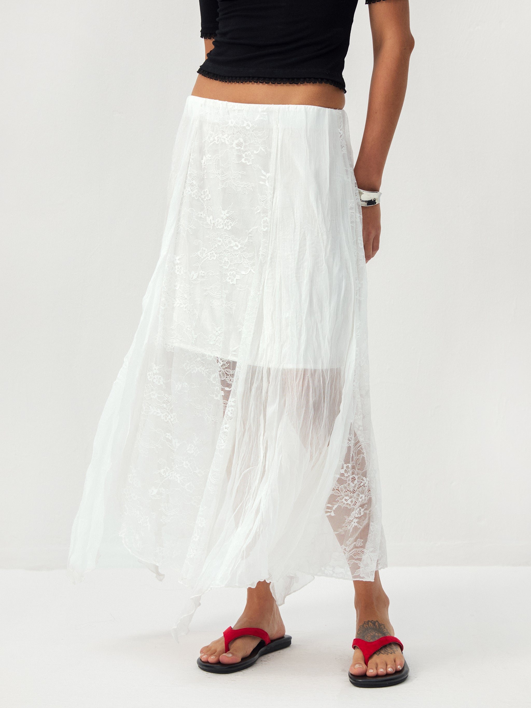 CUBIC Lace-Overlay Asymmetrical Sheer Midi Skirt-2
