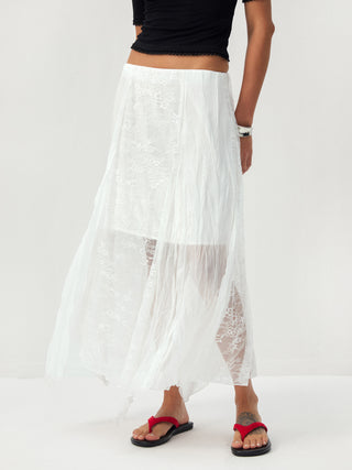 CUBIC Lace-Overlay Asymmetrical Sheer Midi Skirt