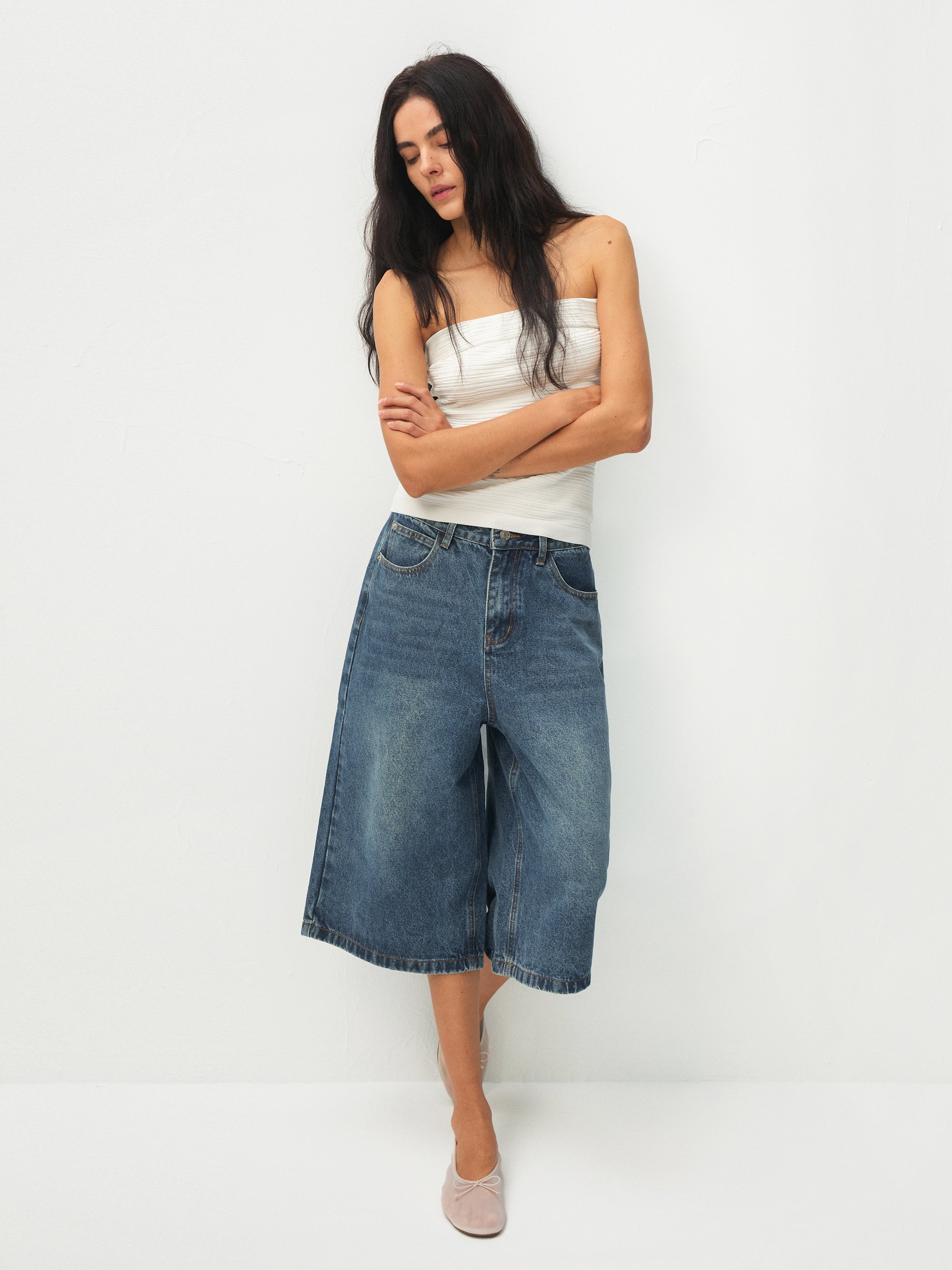 Loose Fit Knee-Length Denim Shorts-2