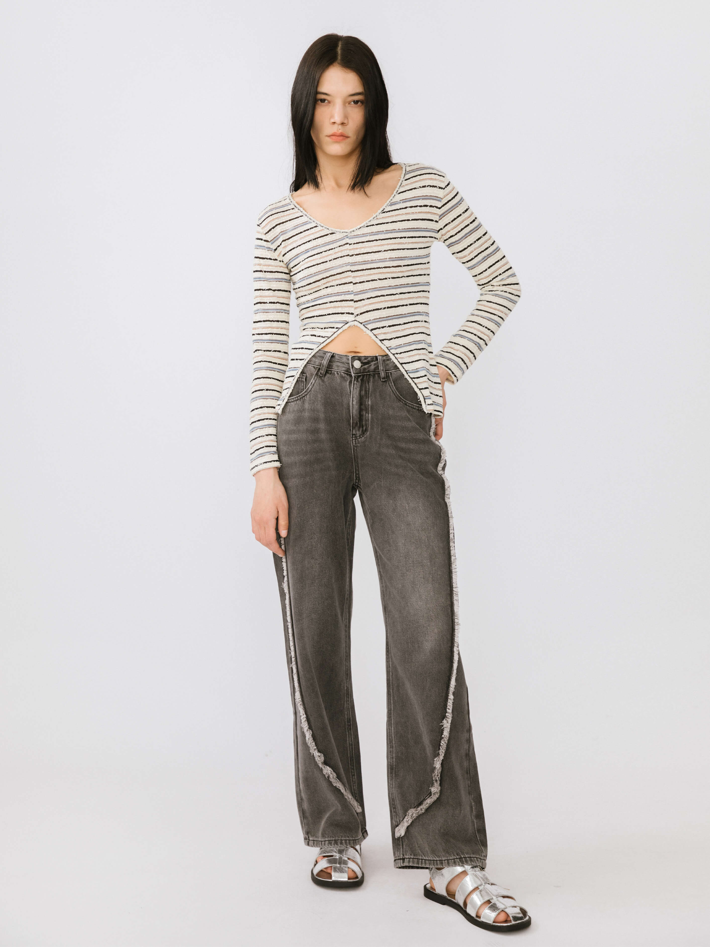 Front Slit Striped Long Sleeve Top-3