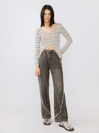 Front Slit Striped Long Sleeve Top