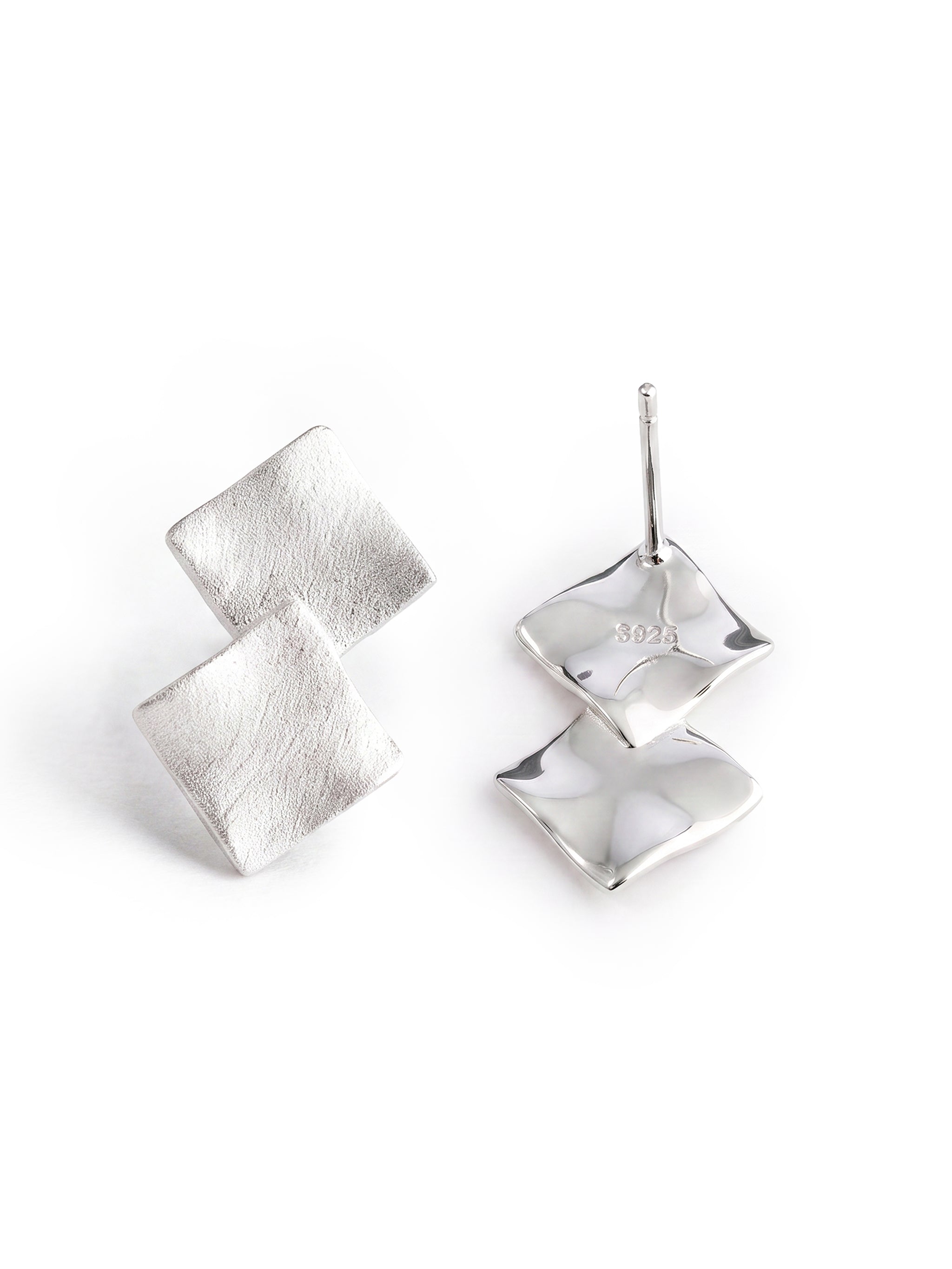 Double Square Silver Stud Earrings-3