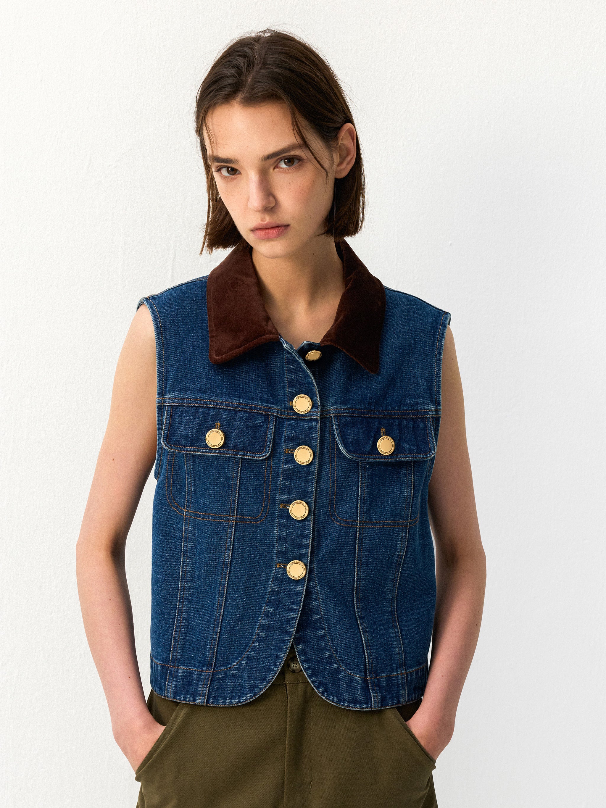 CUBIC Contrast Collar Vintage Denim Vest-2