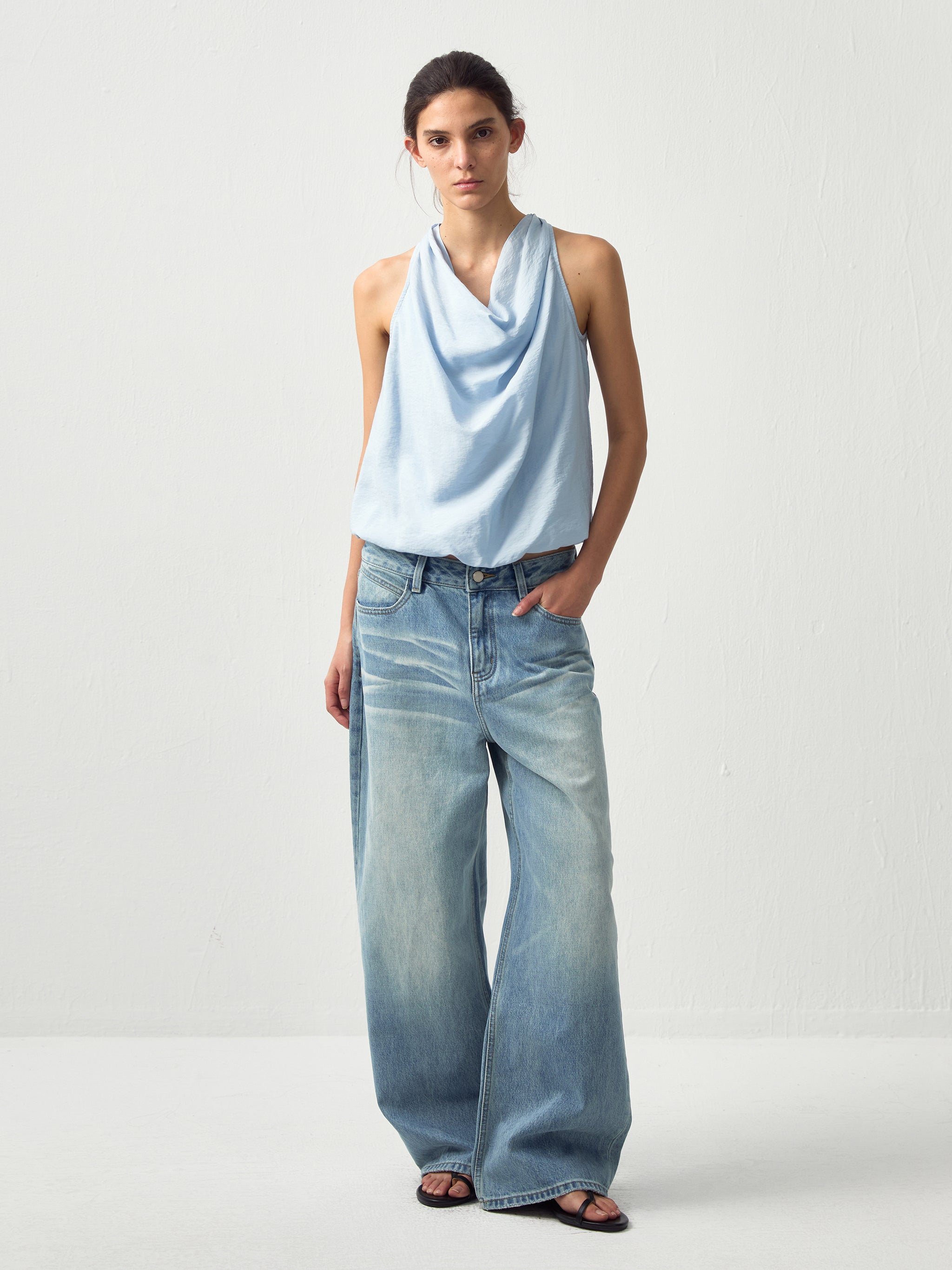High-Waist Wide-Leg Washed Denim Jeans