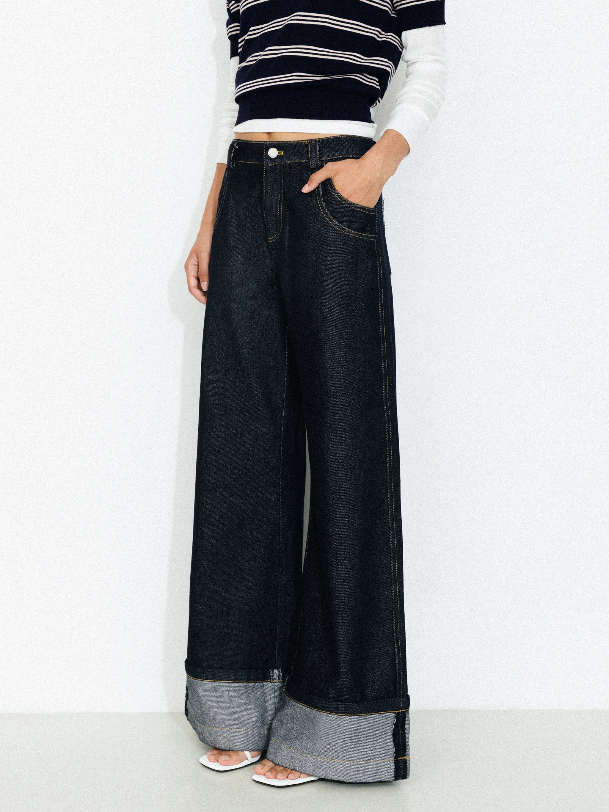 Wide-Leg Slight Flare Cuffed Jeans-2