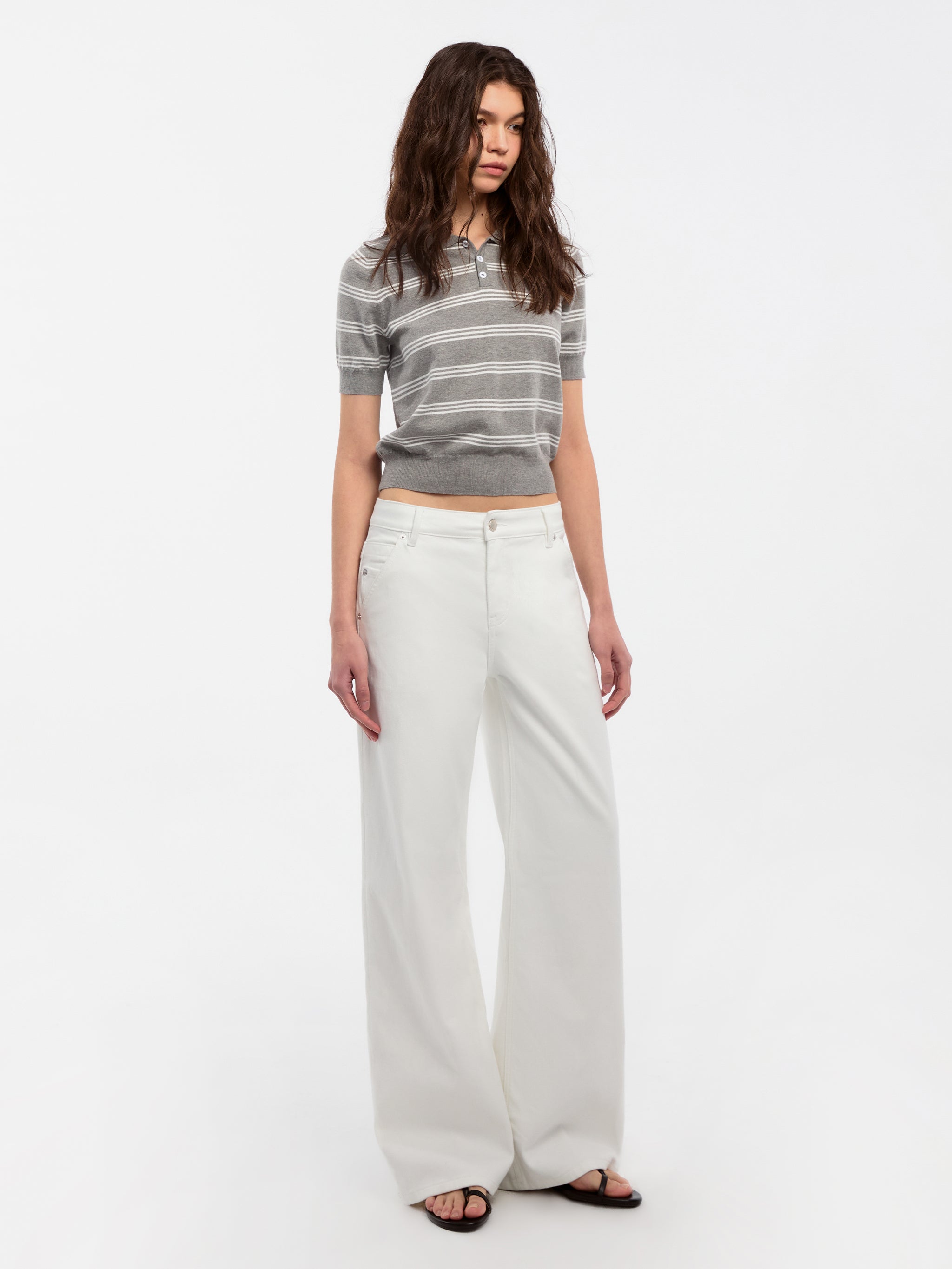 CUBIC-Striped Cropped Polo Collar Cotton T-Shirt-2