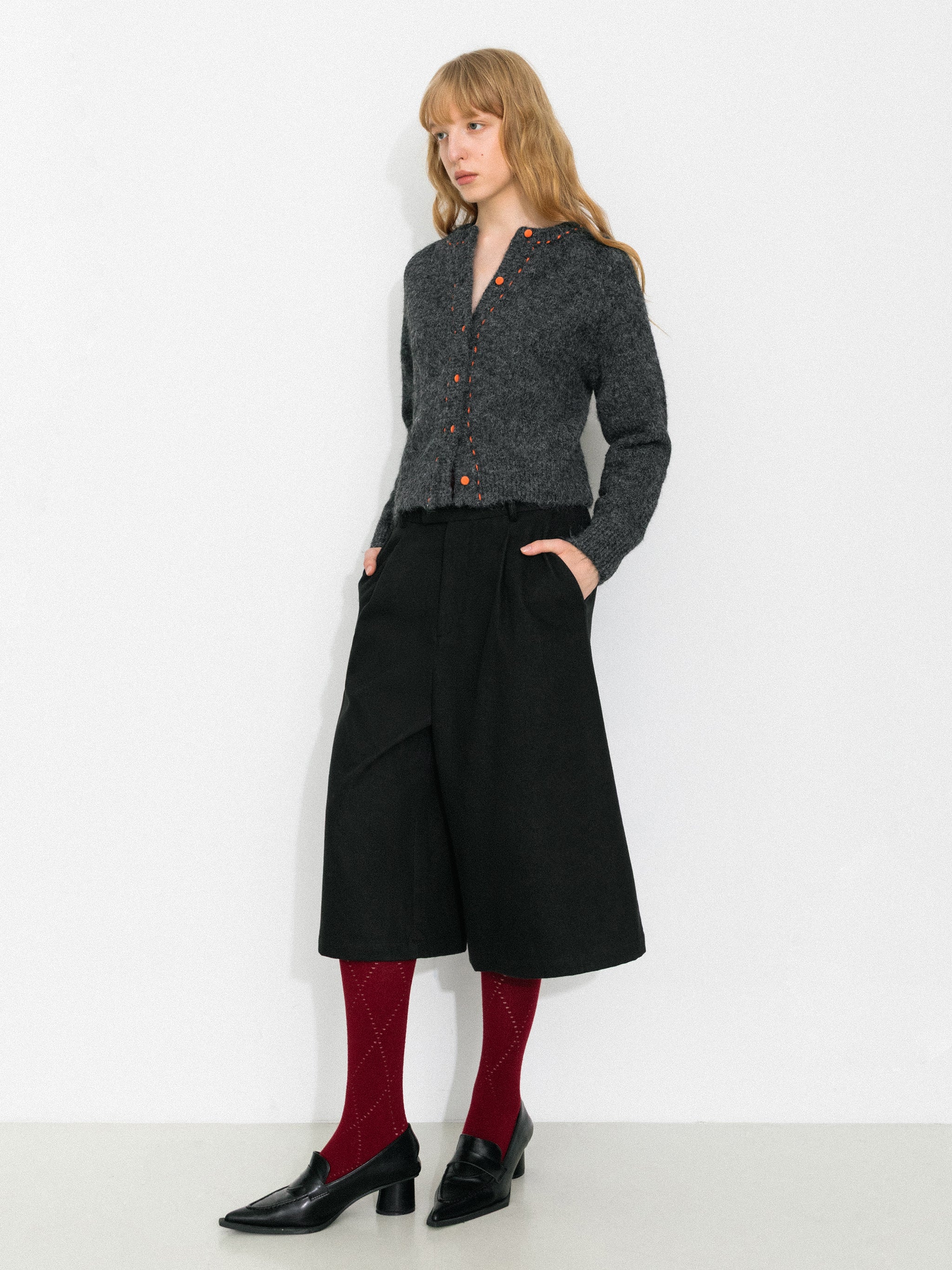 Wool-Blend Contrast Ribbed Cuff Cardigan-2