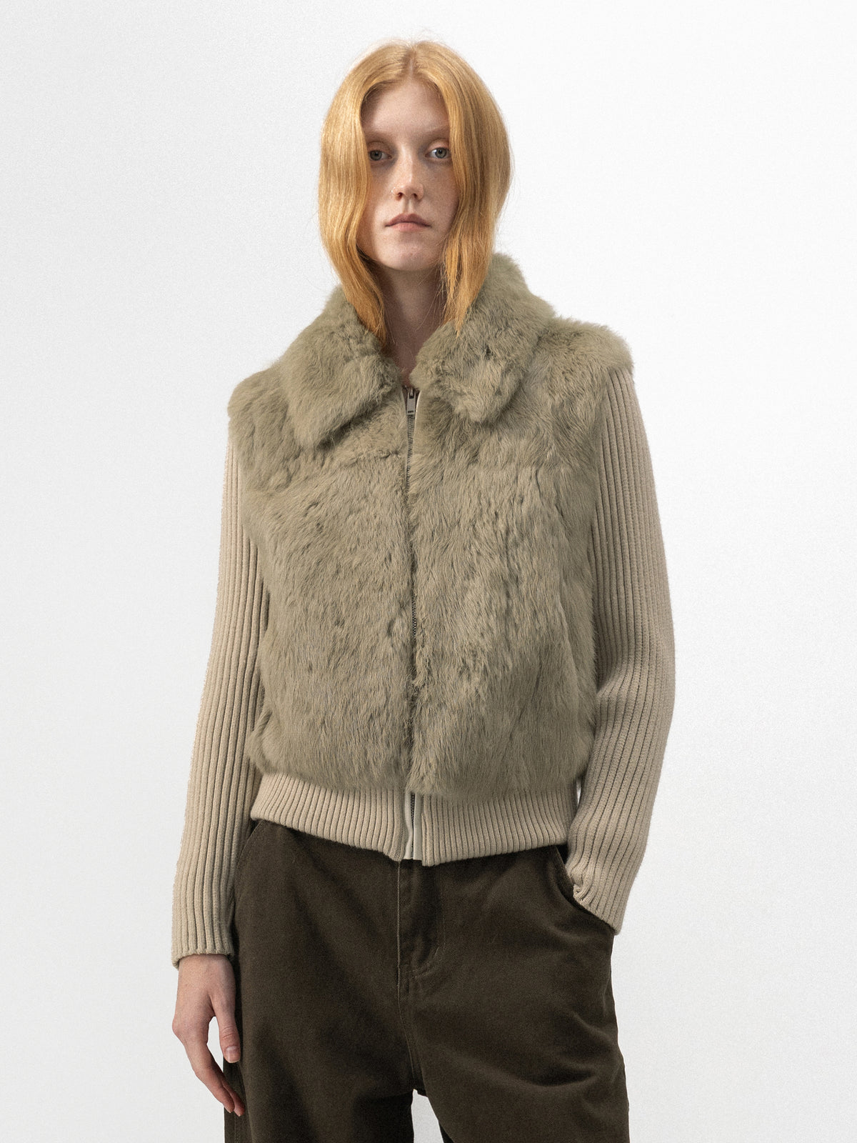 CUBIC Rabbit-Fur Panelled Knit Zip-Up Jacket-2