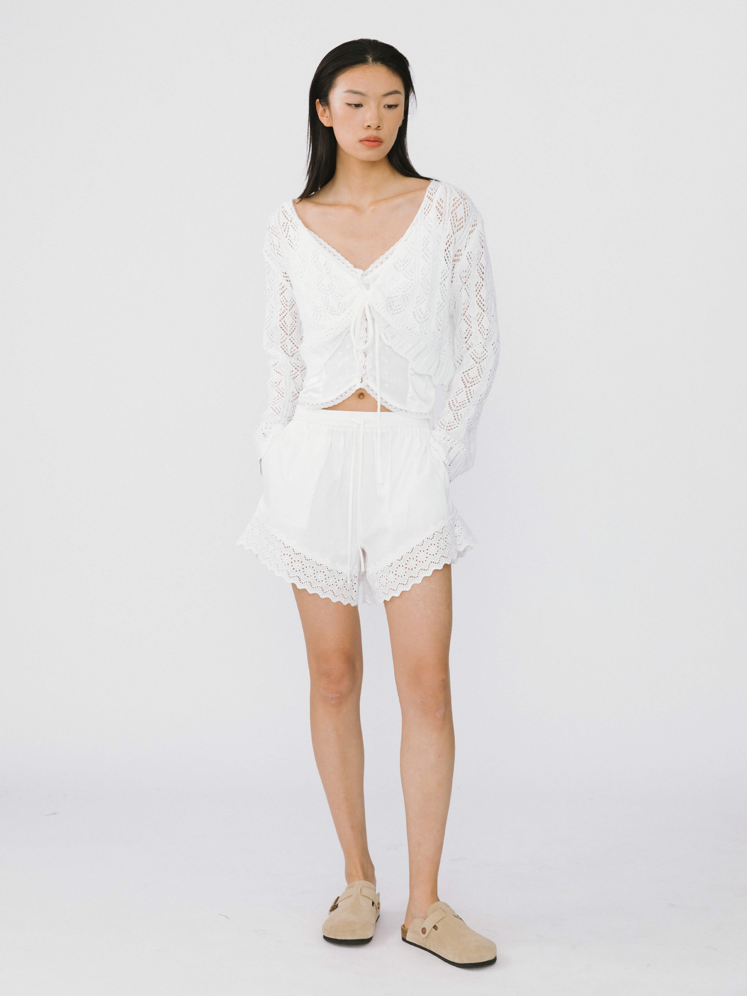 Thin Knit V-Neck Drawstring Top-2
