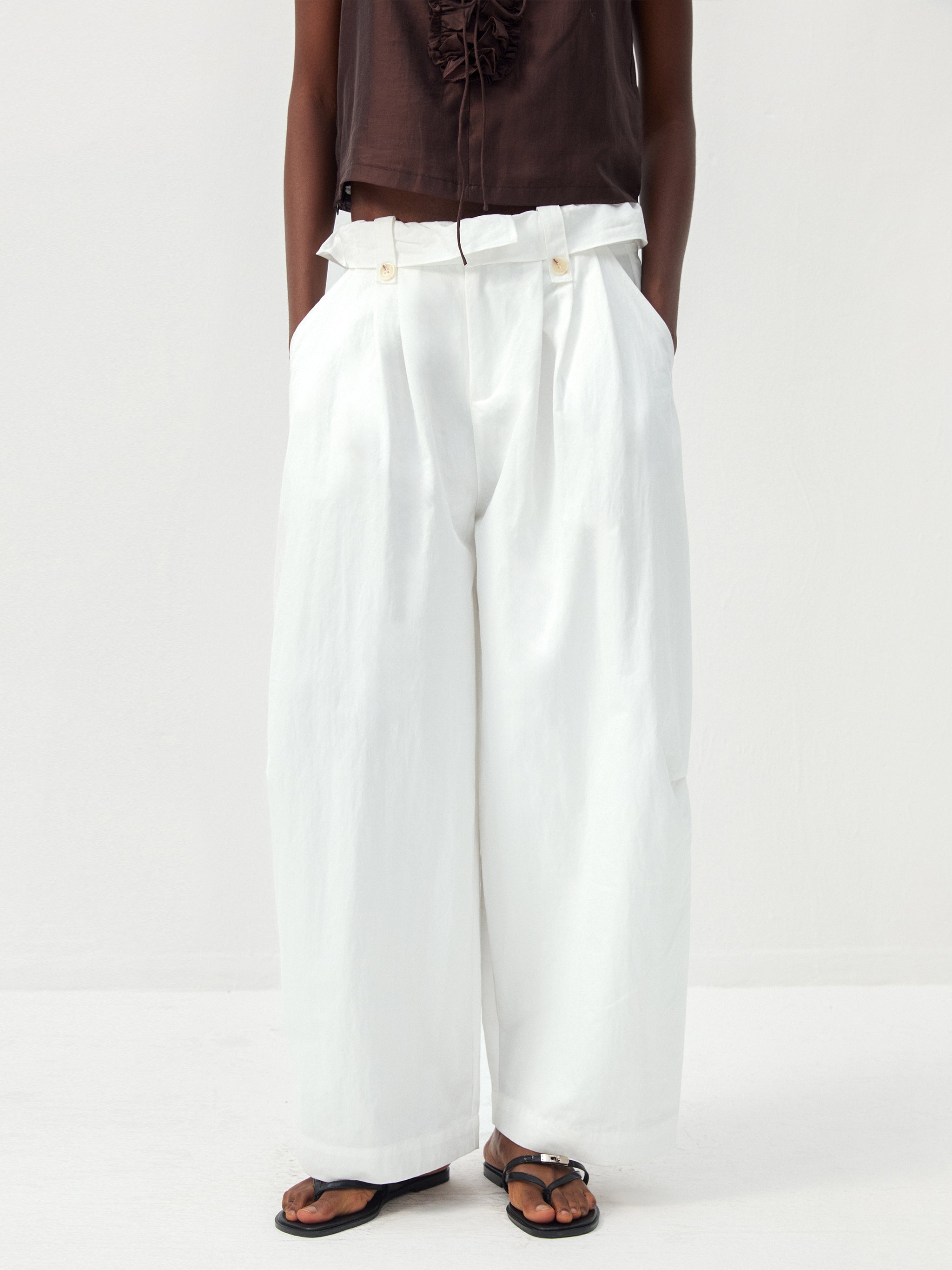 CUBIC Cotton-Blend Fold-Over Waist Wide-Leg Trousers-2