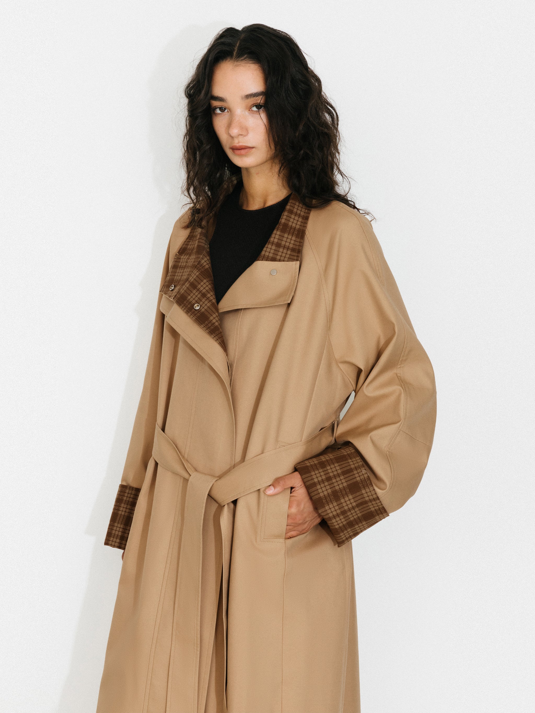 Funnel Neck Colorblock Cuff Trench Coat-2