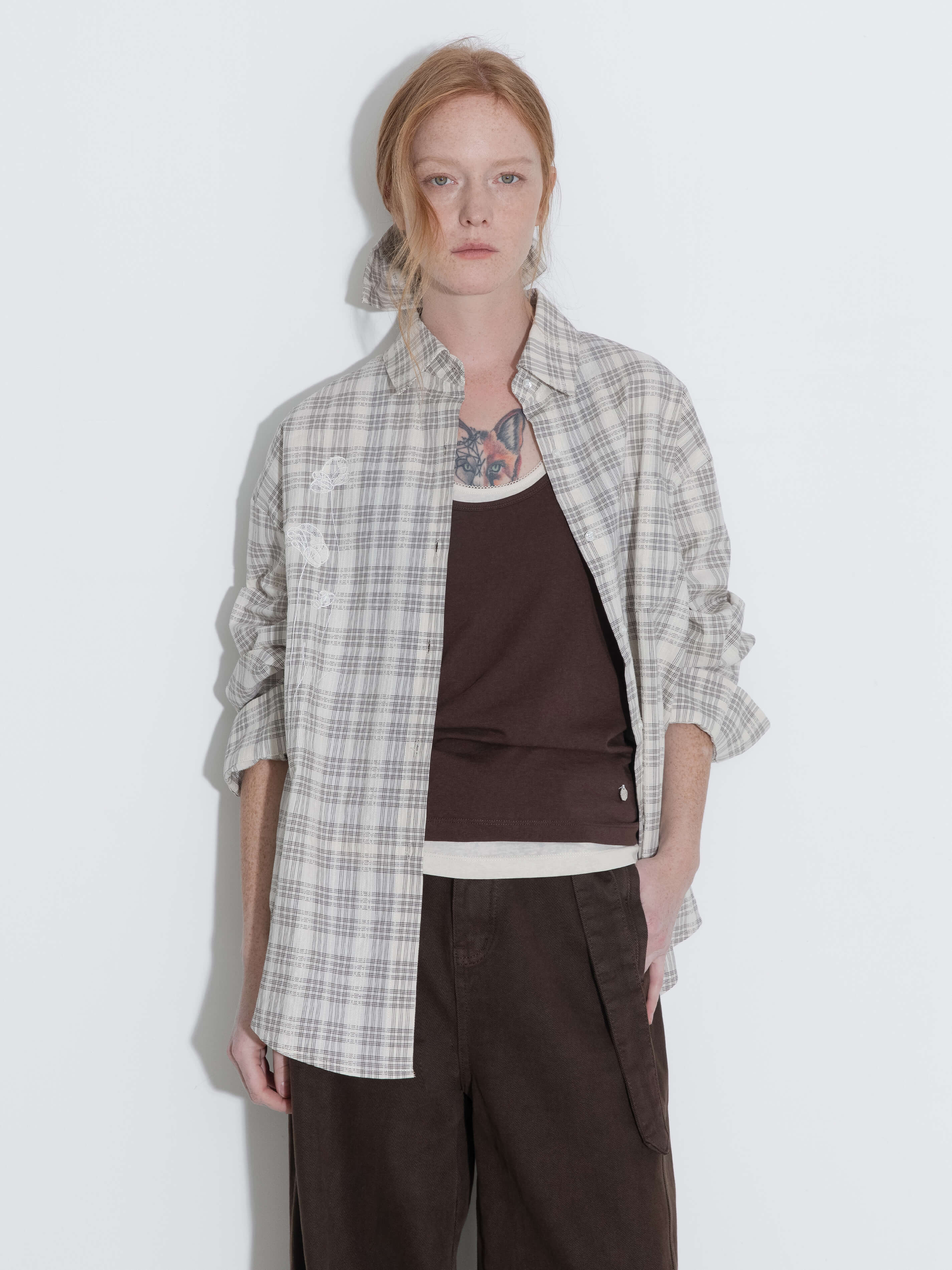 100% Cotton Embroidered Lace Checkered Oversized Shirt-4