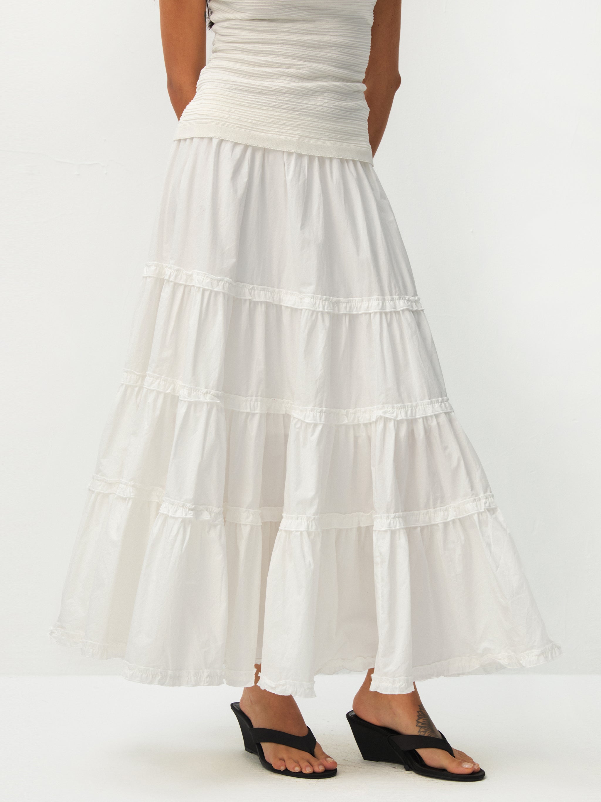 100% Cotton A-line Ruffled White Cake skirt-2