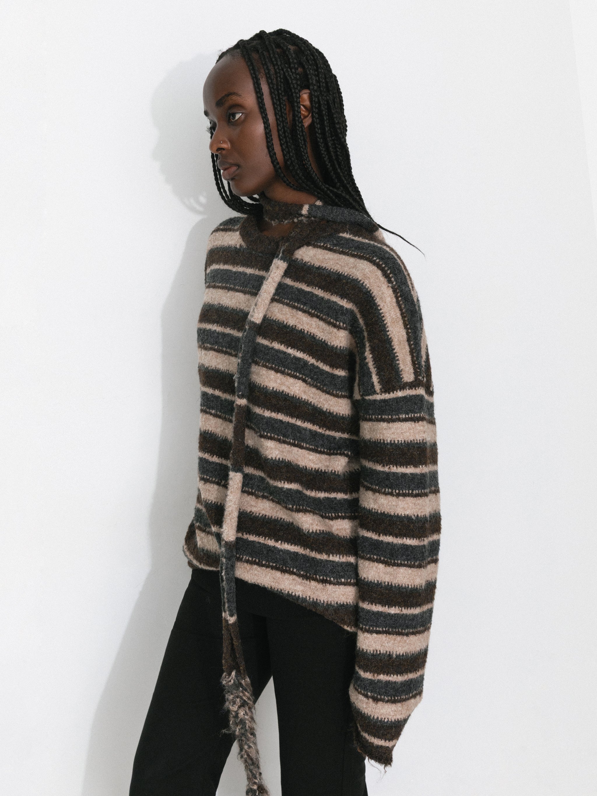 Retro Striped Pullover Sweater with Scarf-2