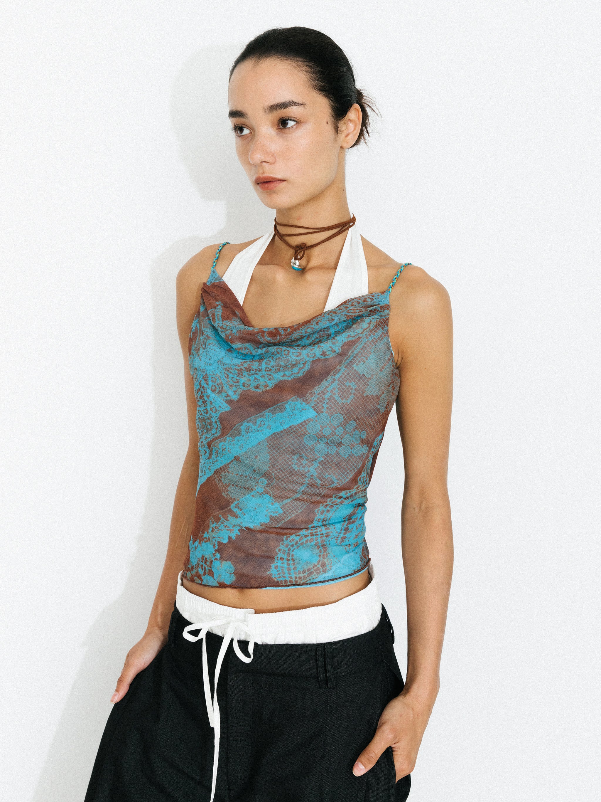 Print Satin Cowl Neck Cami Top-2