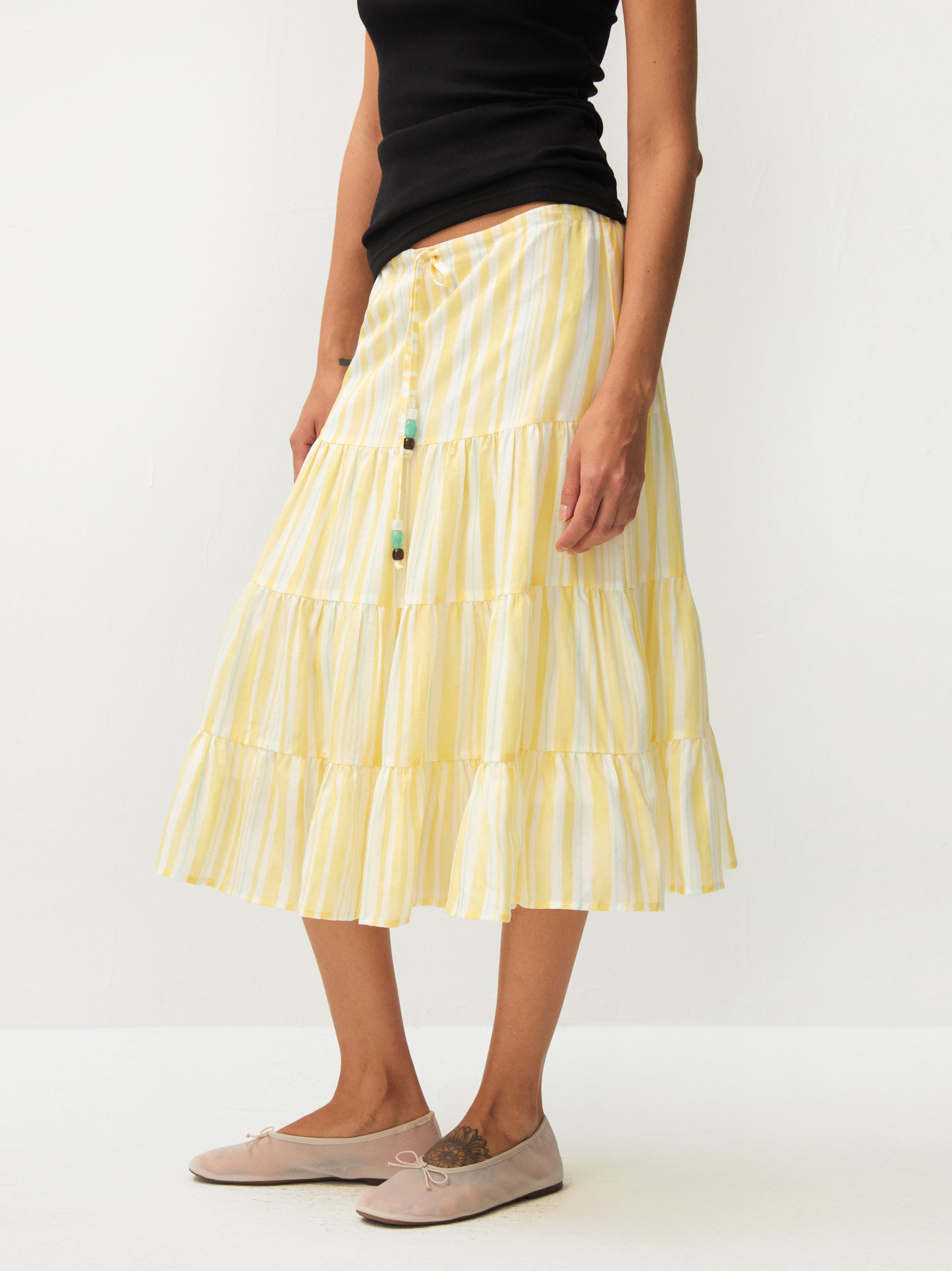 CUBIC Lyocell Linen Blend Tiered Striped Midi Skirt-2