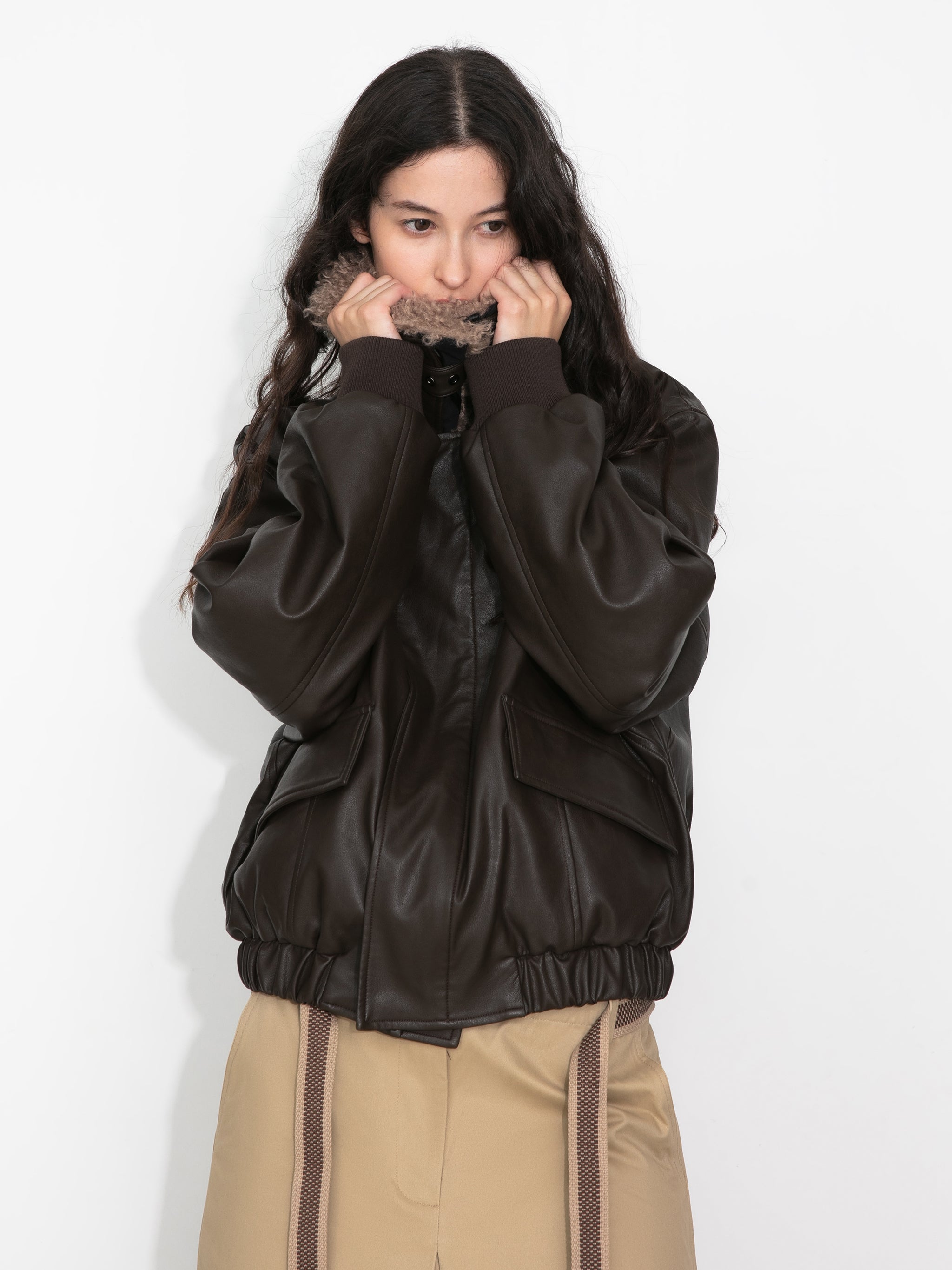 Faux Shearling Collar Leather Jacket