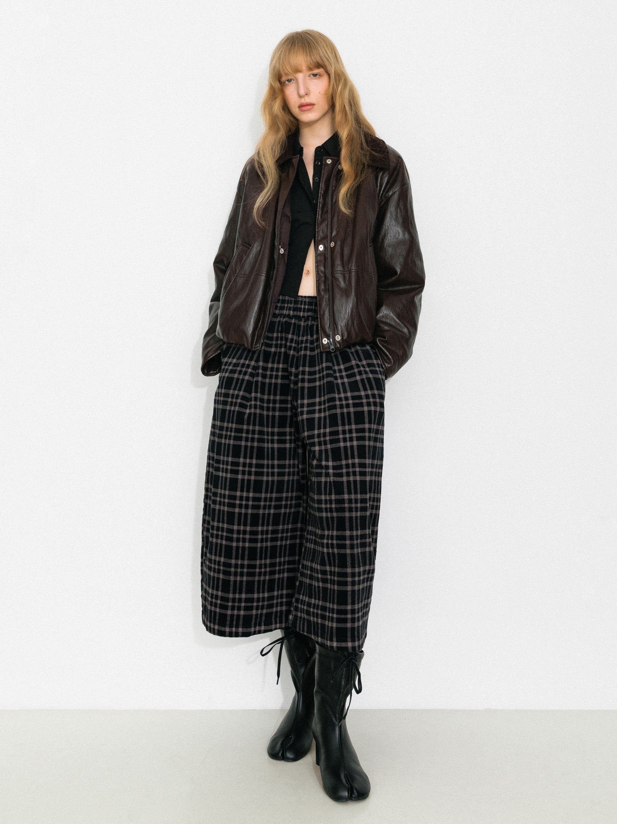 Corduroy Collar Convertible Leather Down Jacket-2