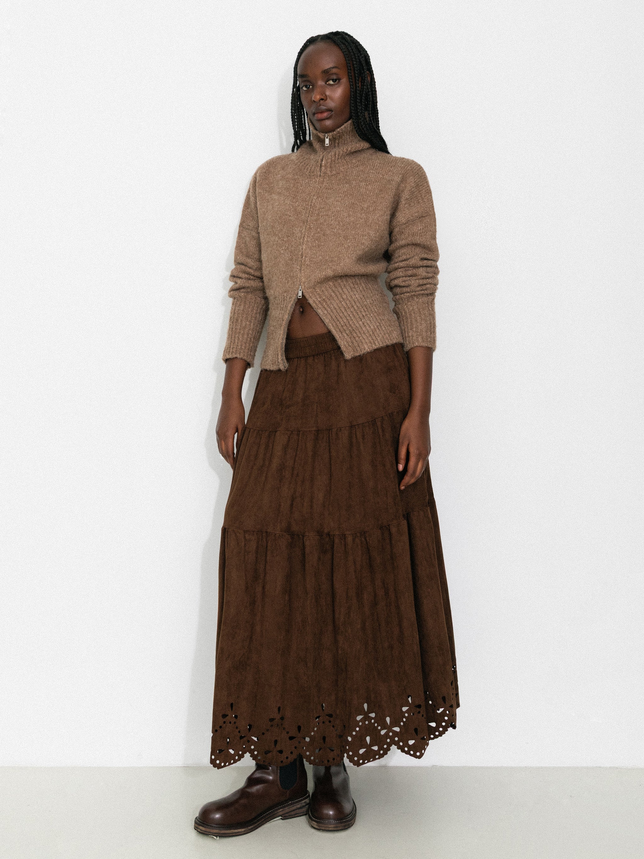 Vintage Boho Suede-Look A-Line Midi Skirt-2