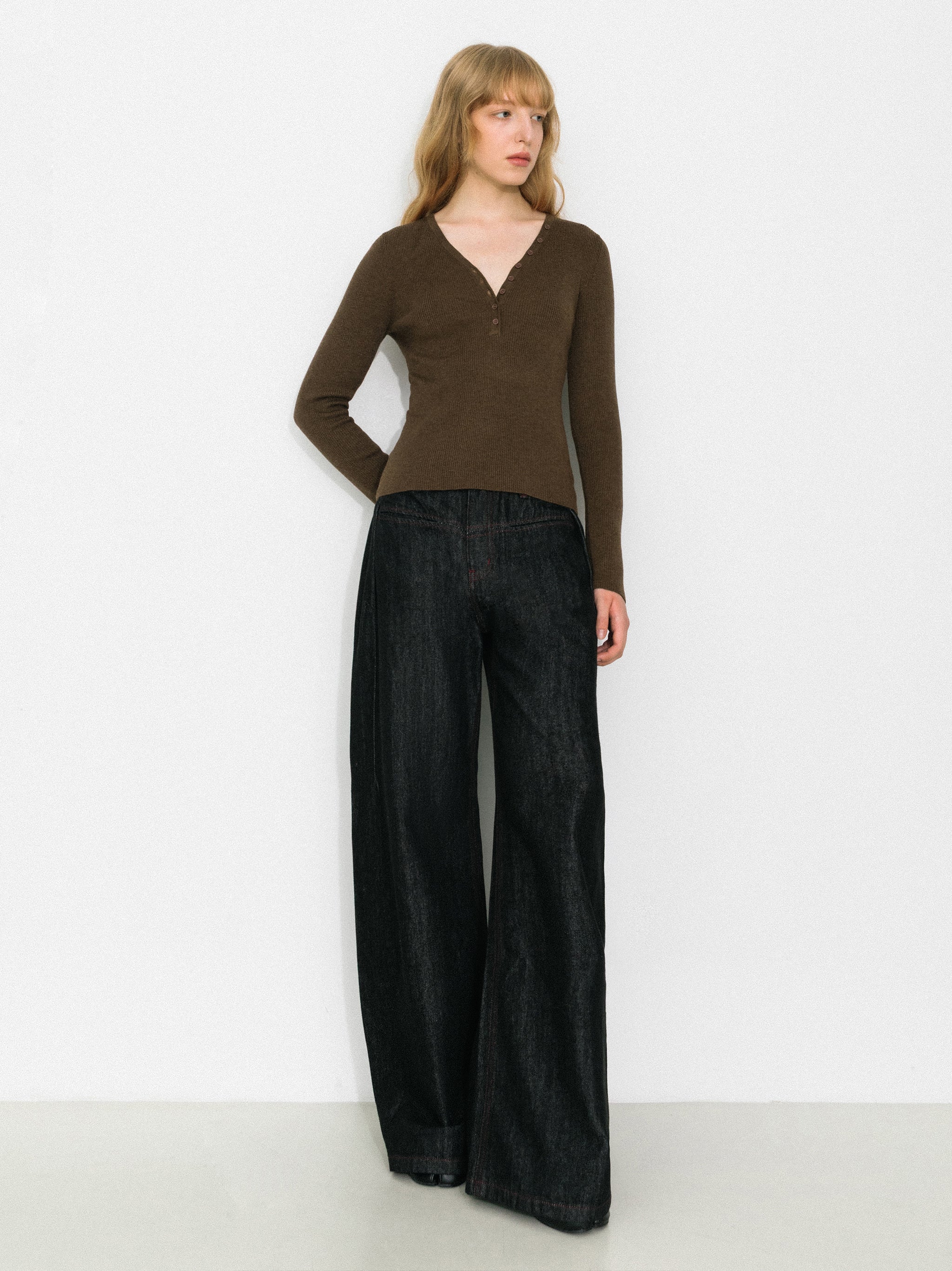 V-Neck Button-Front Fitted Knit Top-2
