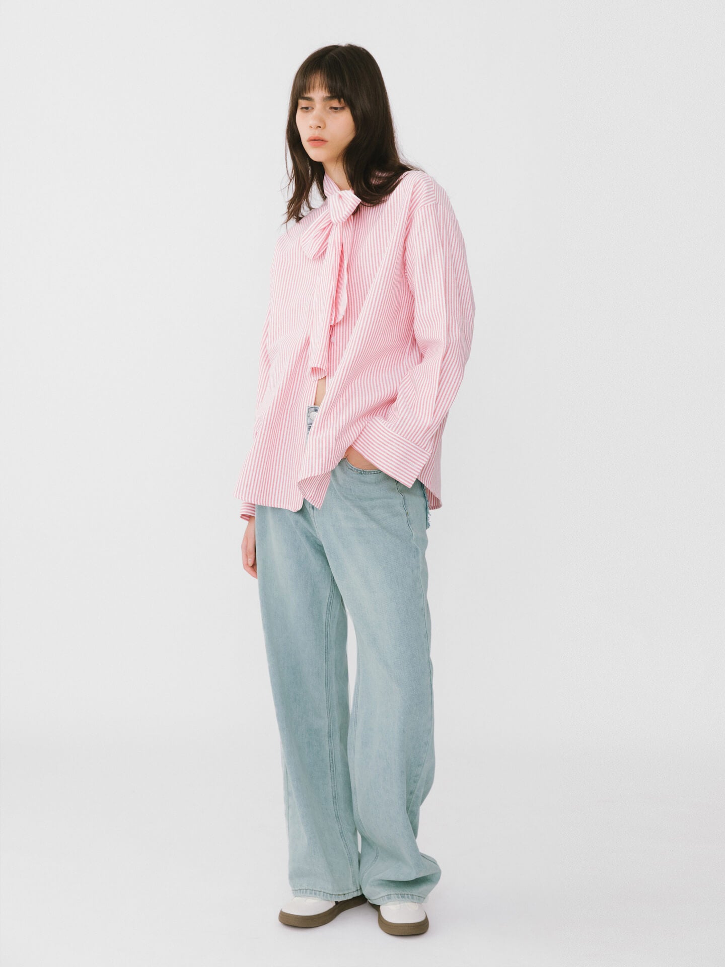 Pinstripe Long Sleeves Shirt with Tie Down Collar-2