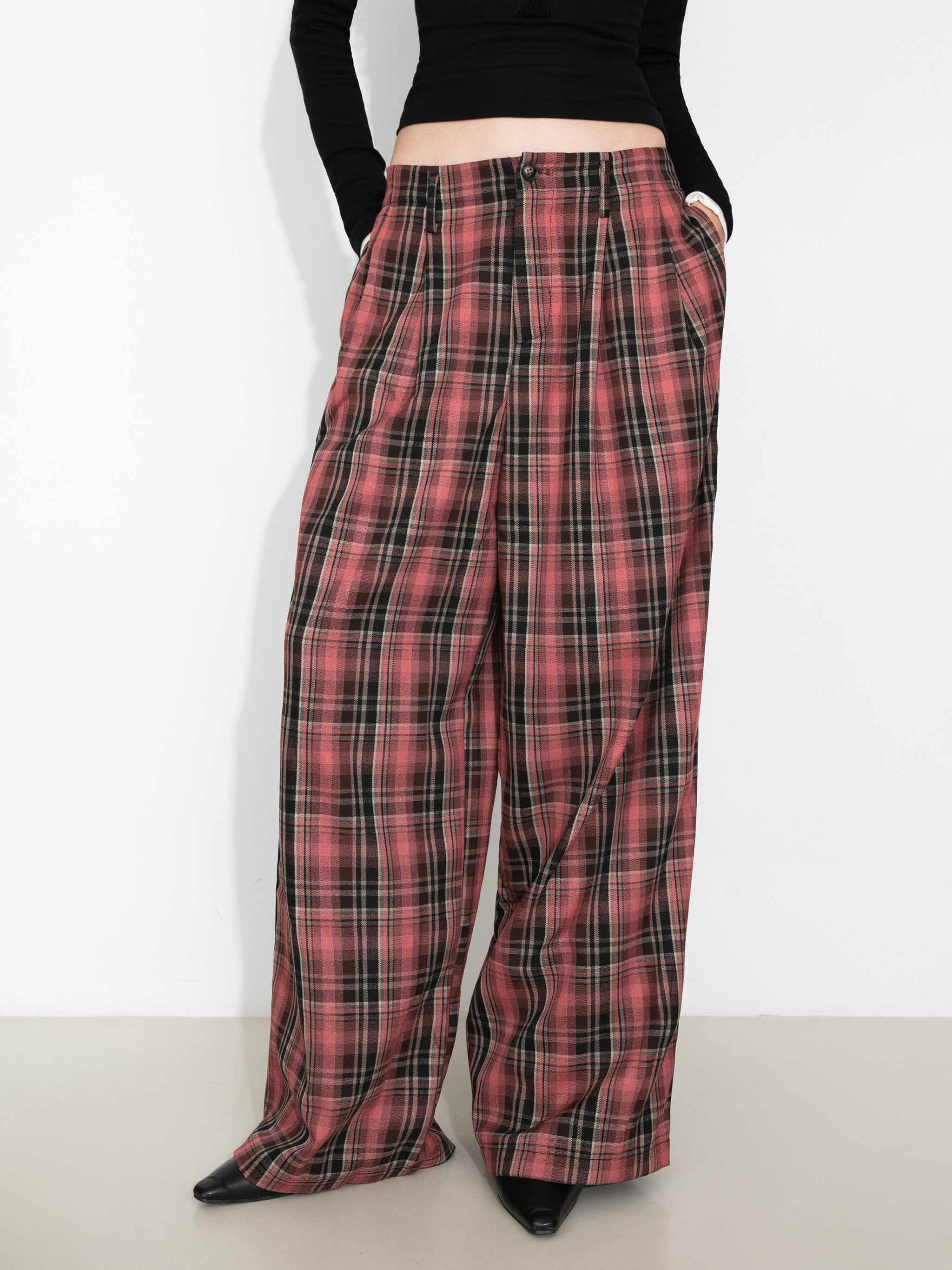 Striped Check Wide-Leg Draped Floor-Length Trousers-2